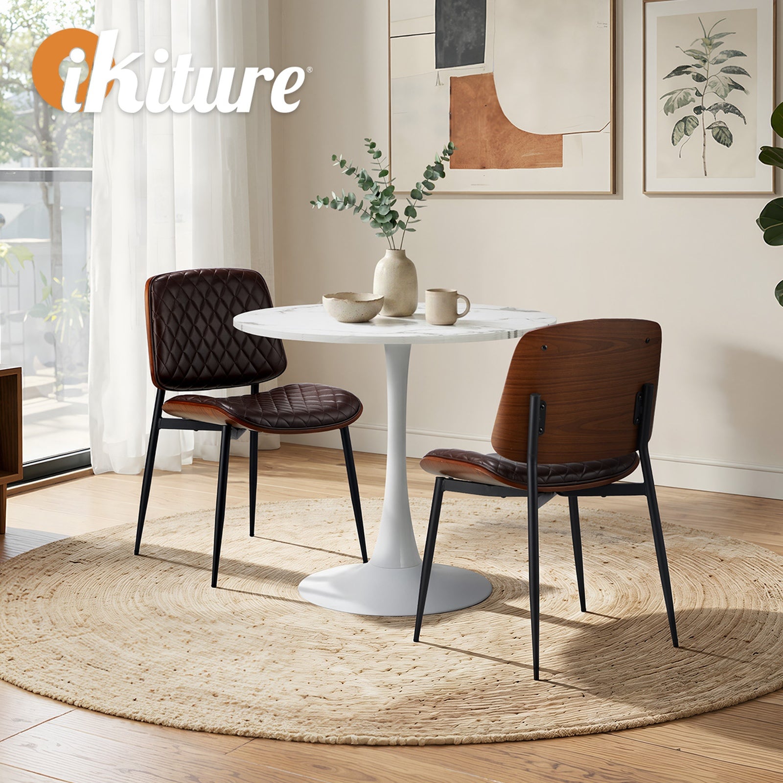 Oikiture Dining Table Set 60cm Round Dining Table and Chairs Brown&White