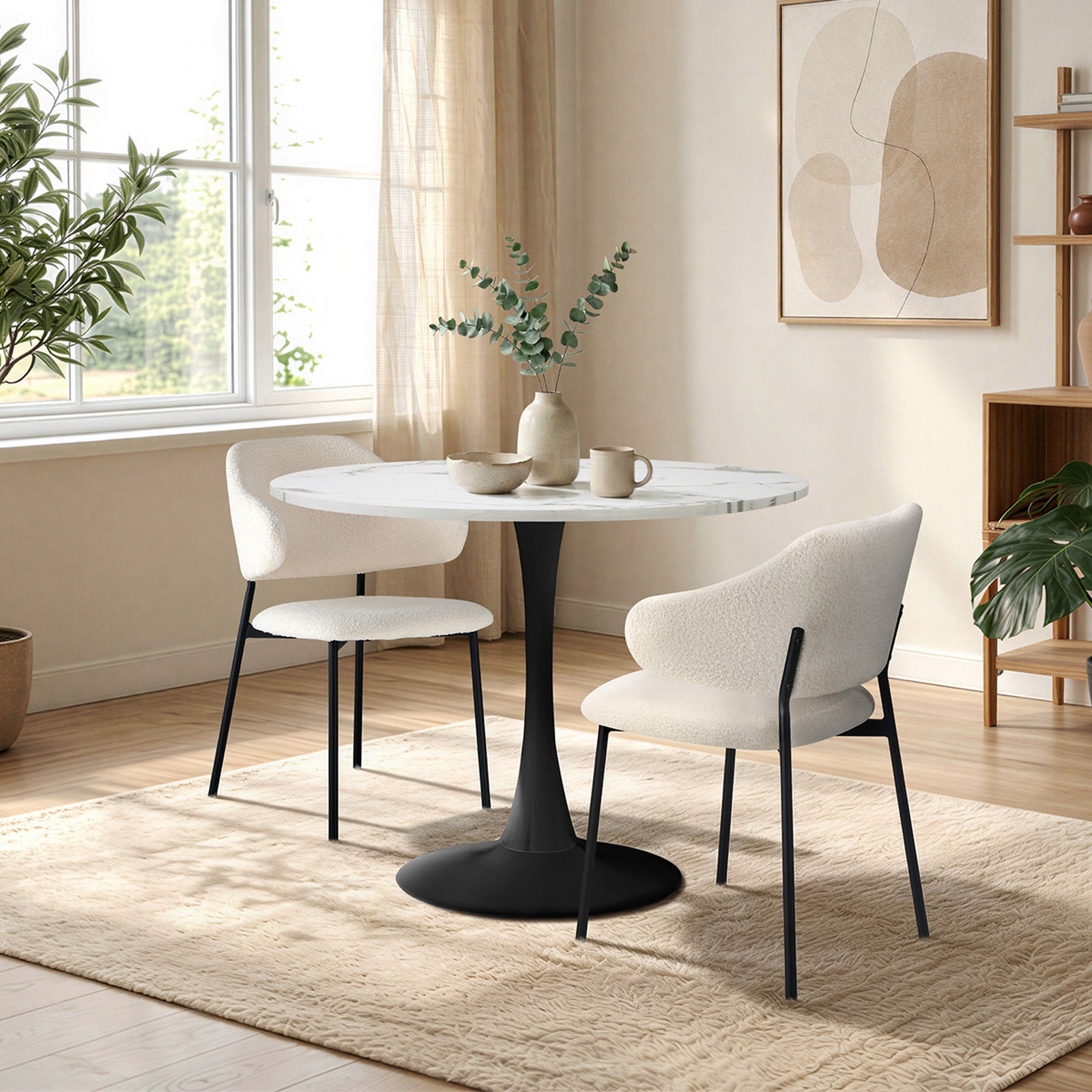 Oikiture 3PCS Dining Table Set Round Table Fabric Dining Chairs White&Black