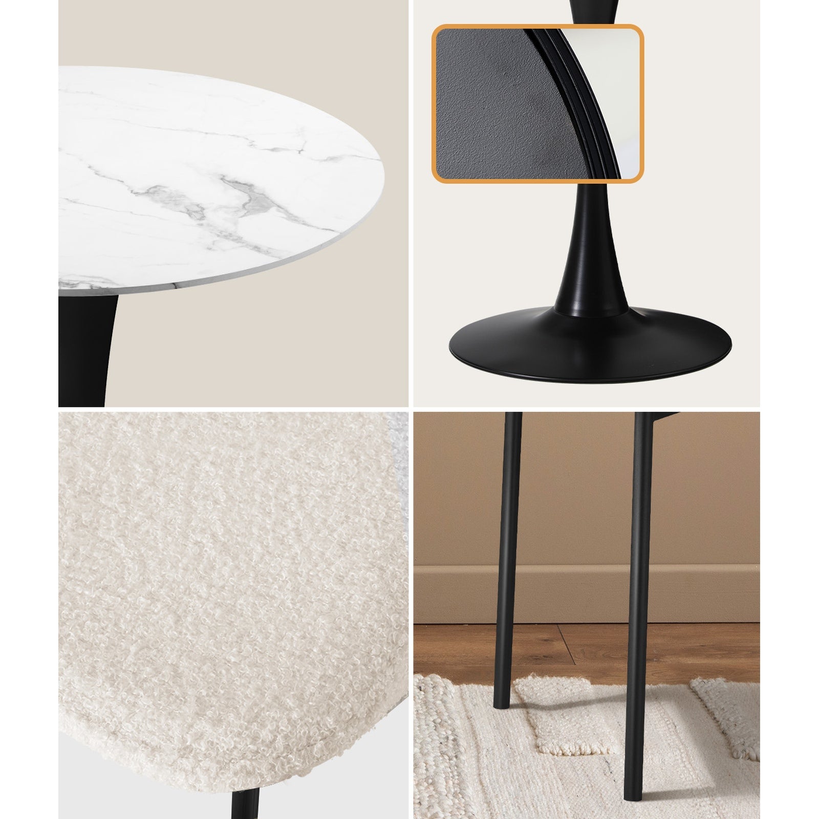 Oikiture 3PCS Dining Table Set Round Table Fabric Dining Chairs White&Black