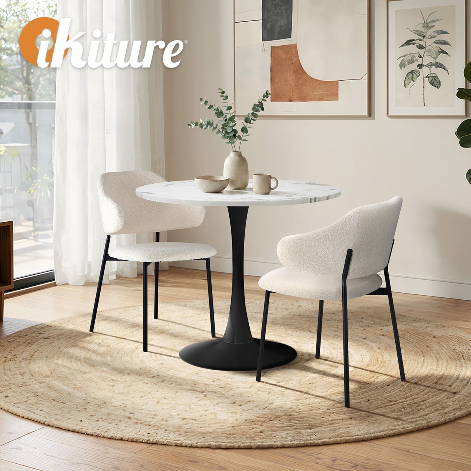 Oikiture 3PCS Dining Table Set Round Table Fabric Dining Chairs White&Black