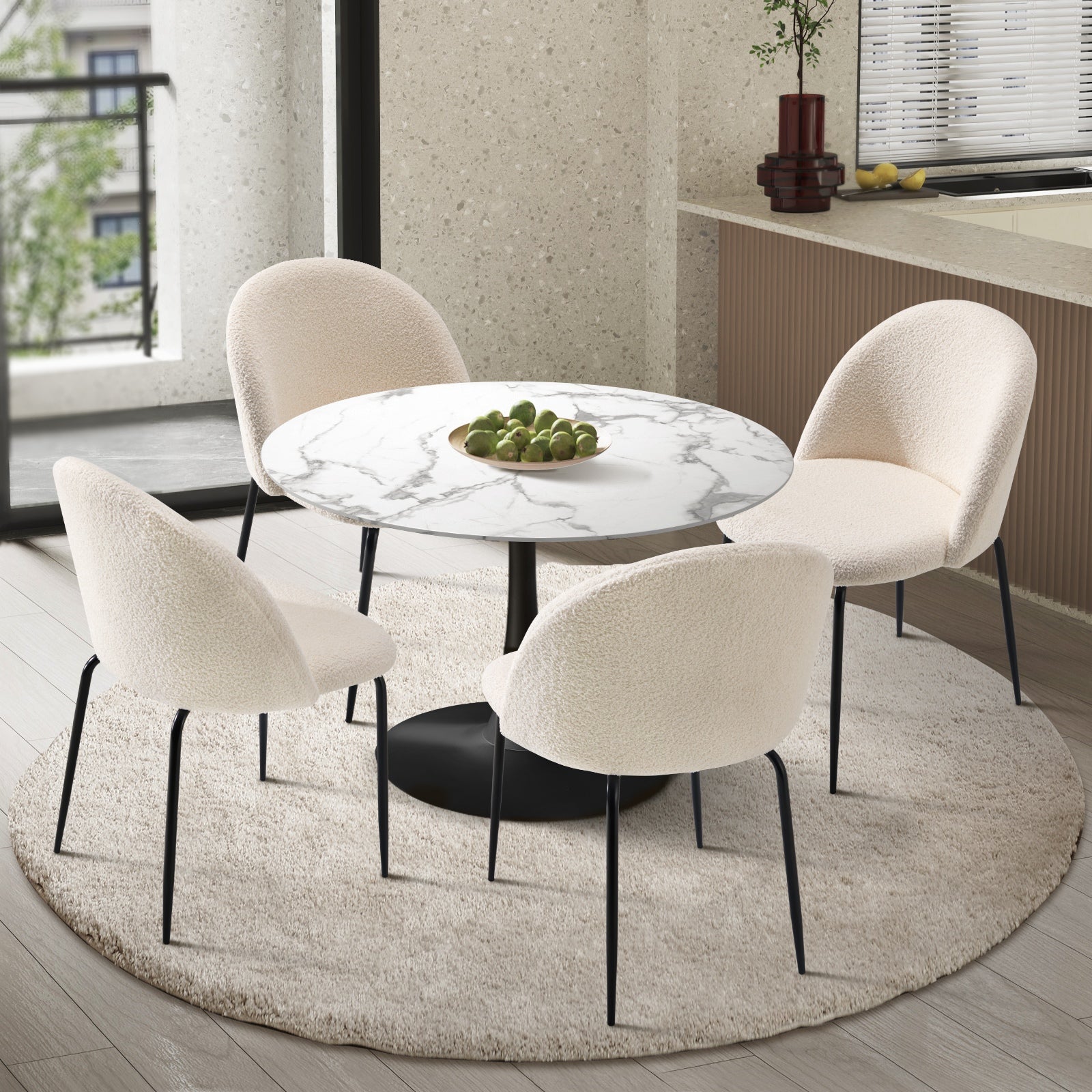 Oikiture 90cm Round Dining Table with 4PCS Dining Chairs Sherpa White - Sunyee
