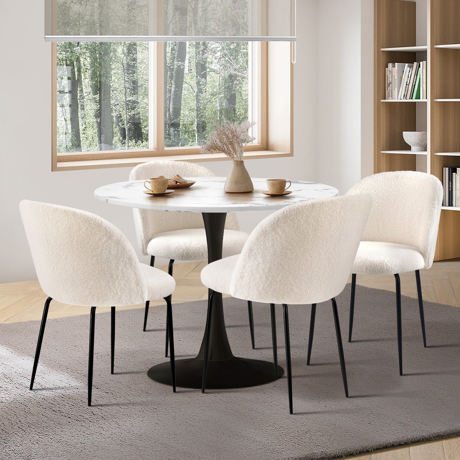 Oikiture 90cm Round Dining Table with 4PCS Dining Chairs Sherpa White - Sunyee