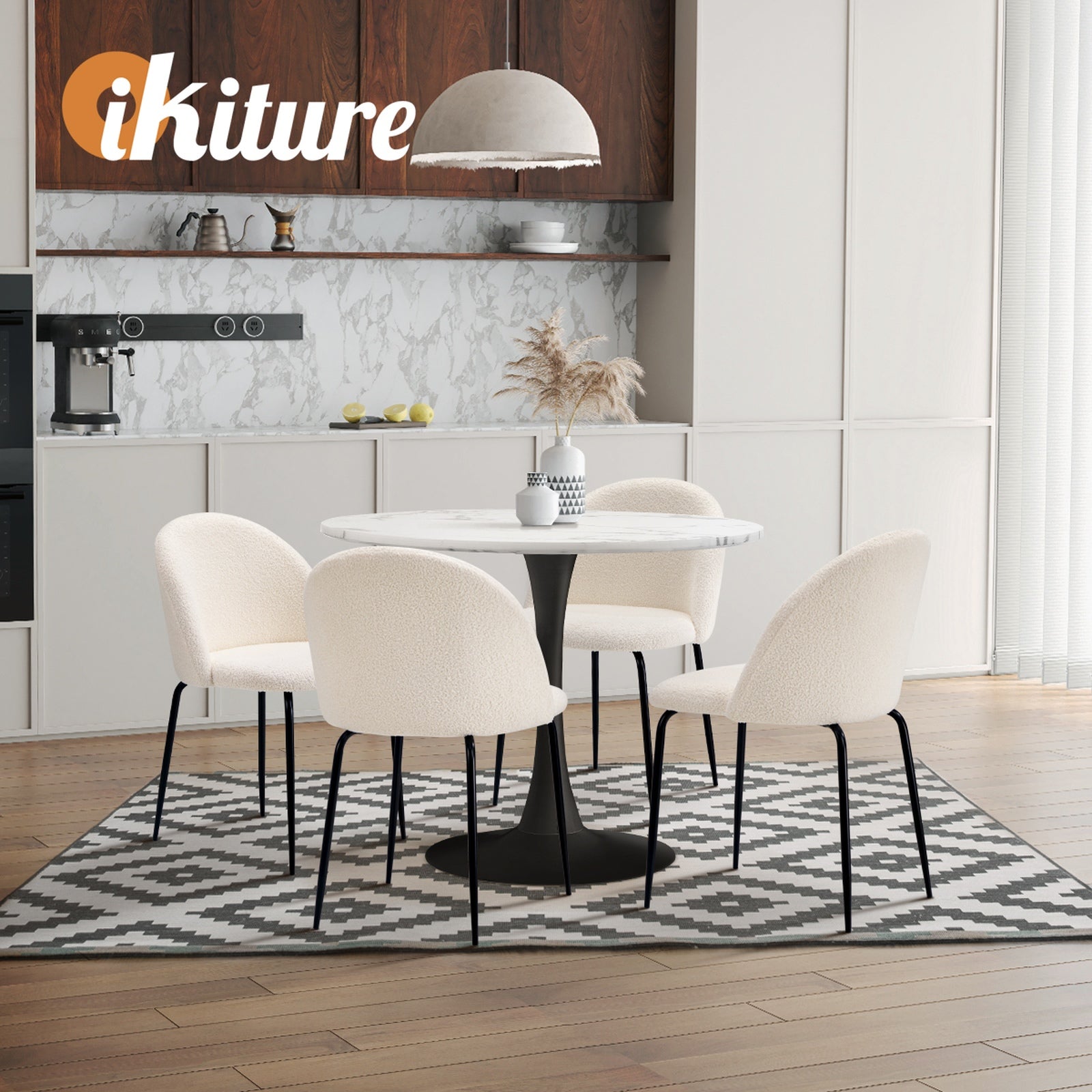 Oikiture 90cm Round Dining Table with 4PCS Dining Chairs Sherpa White - Sunyee