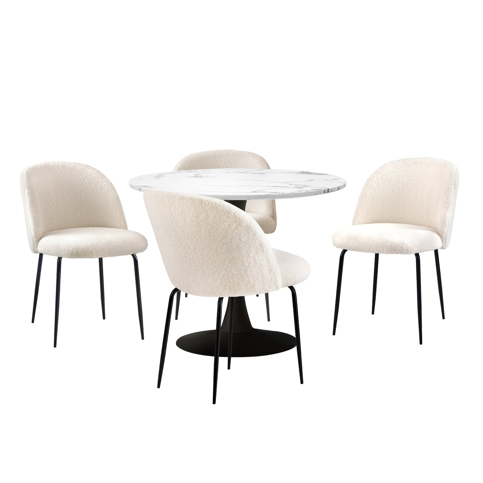 Oikiture 90cm Round Dining Table with 4PCS Dining Chairs Sherpa White - Sunyee