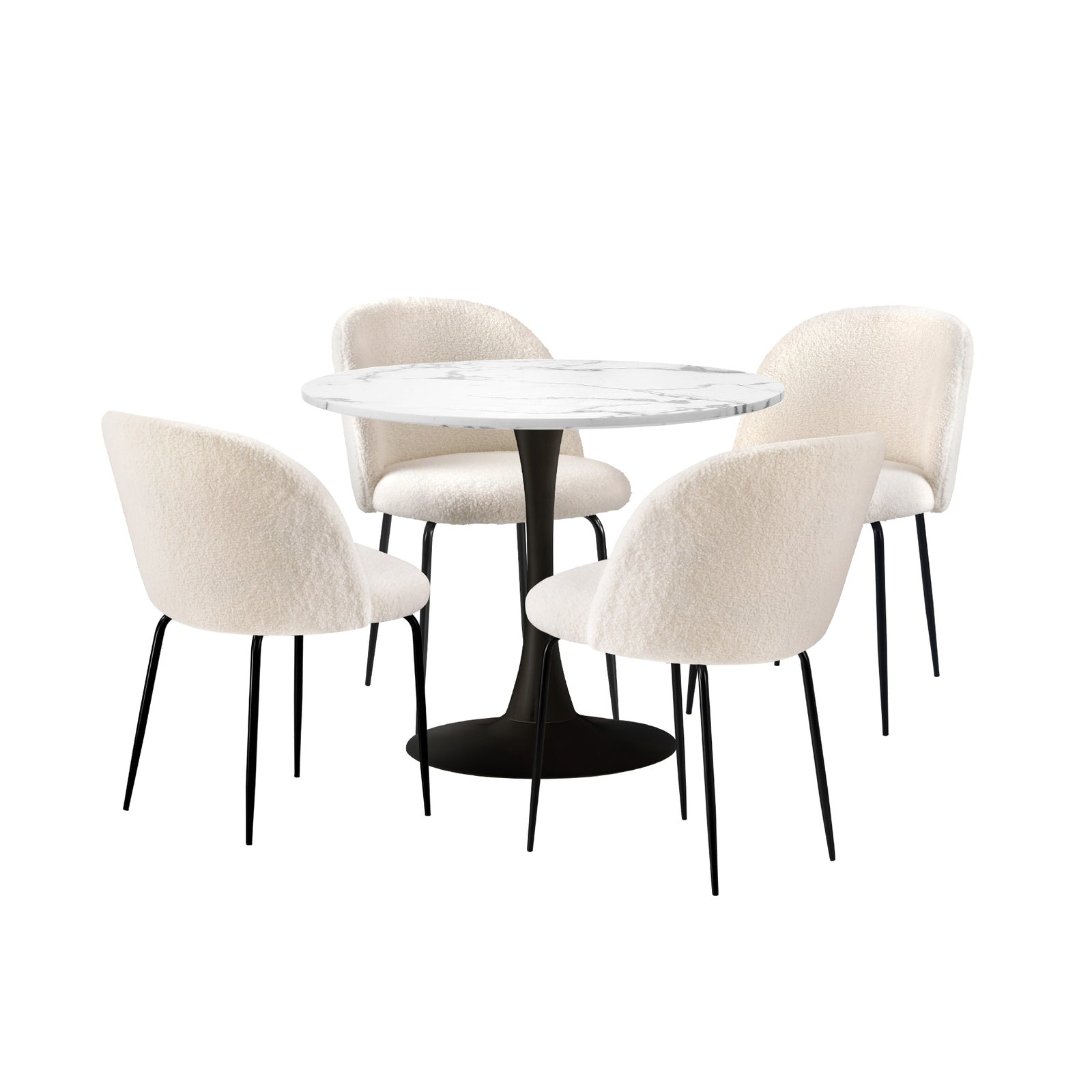 Oikiture 90cm Round Dining Table with 4PCS Dining Chairs Sherpa White - Sunyee
