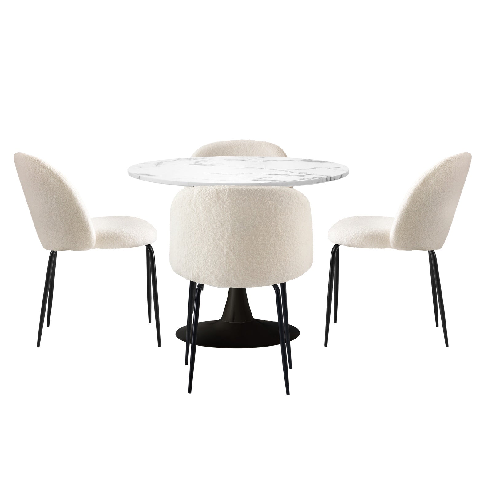 Oikiture 90cm Round Dining Table with 4PCS Dining Chairs Sherpa White - Sunyee