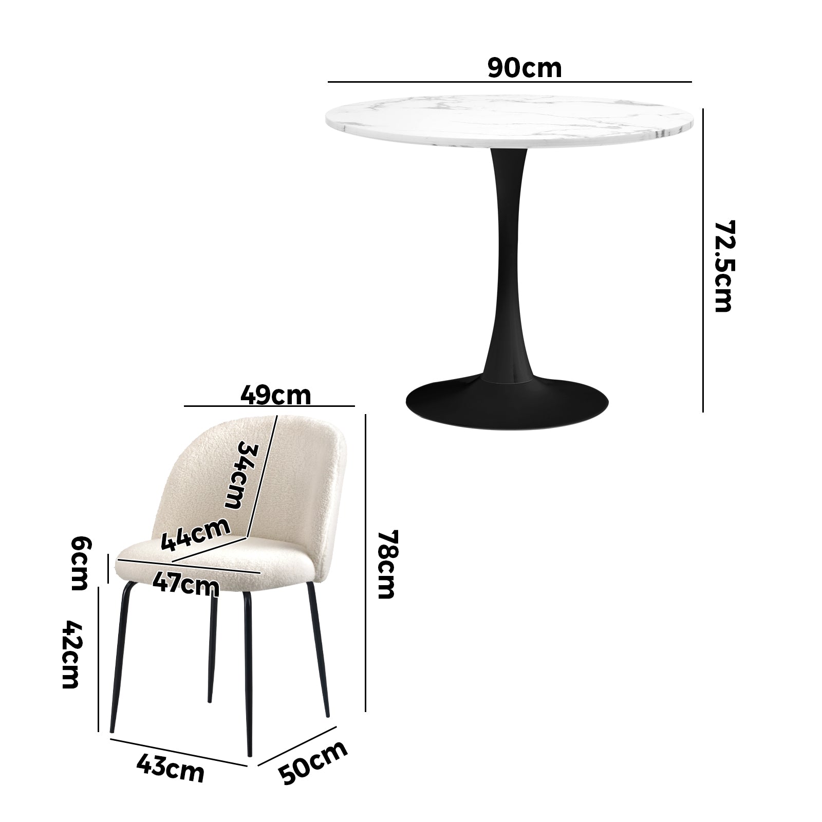 Oikiture 90cm Round Dining Table with 4PCS Dining Chairs Sherpa White - Sunyee