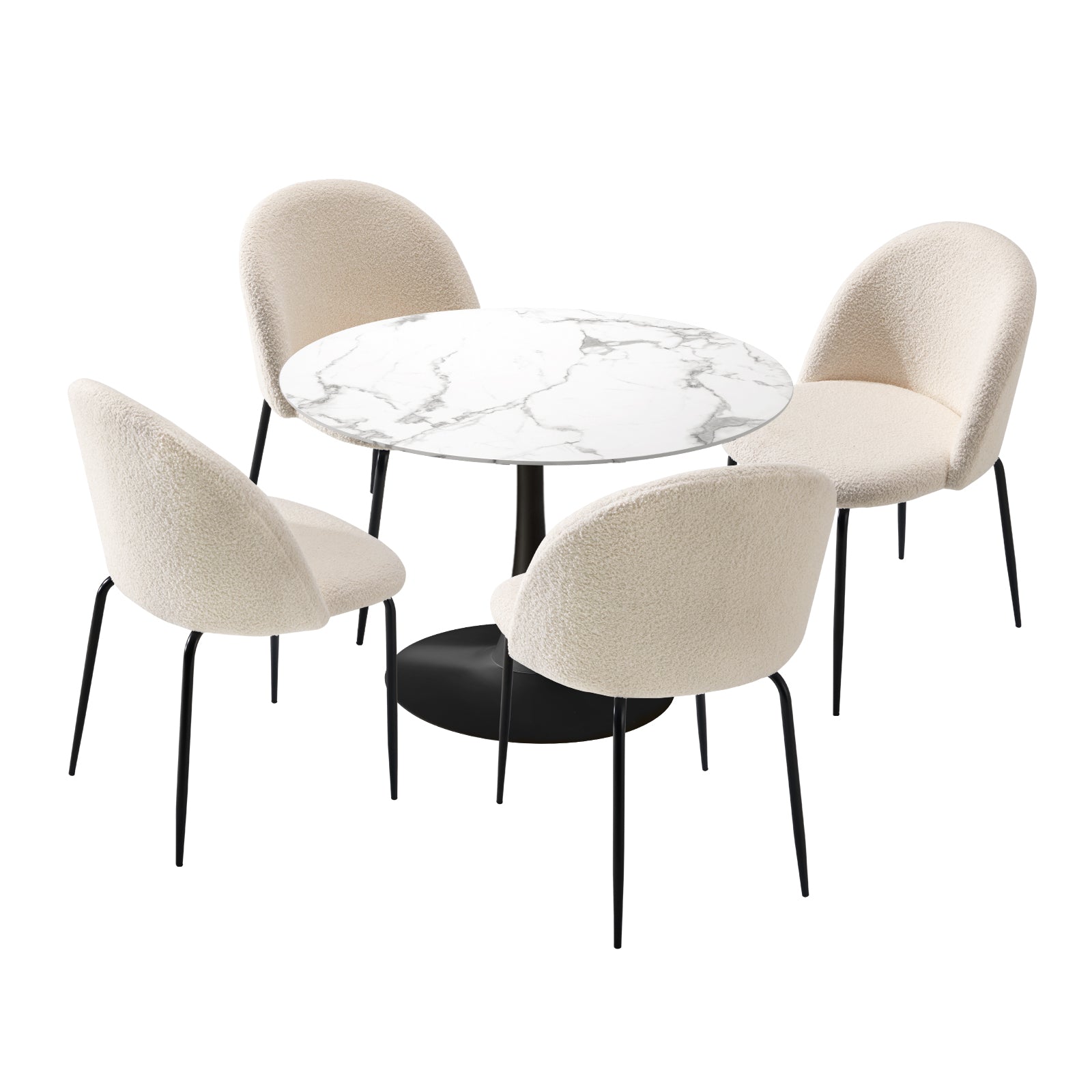 Oikiture 90cm Round Dining Table with 4PCS Dining Chairs Sherpa White - Sunyee