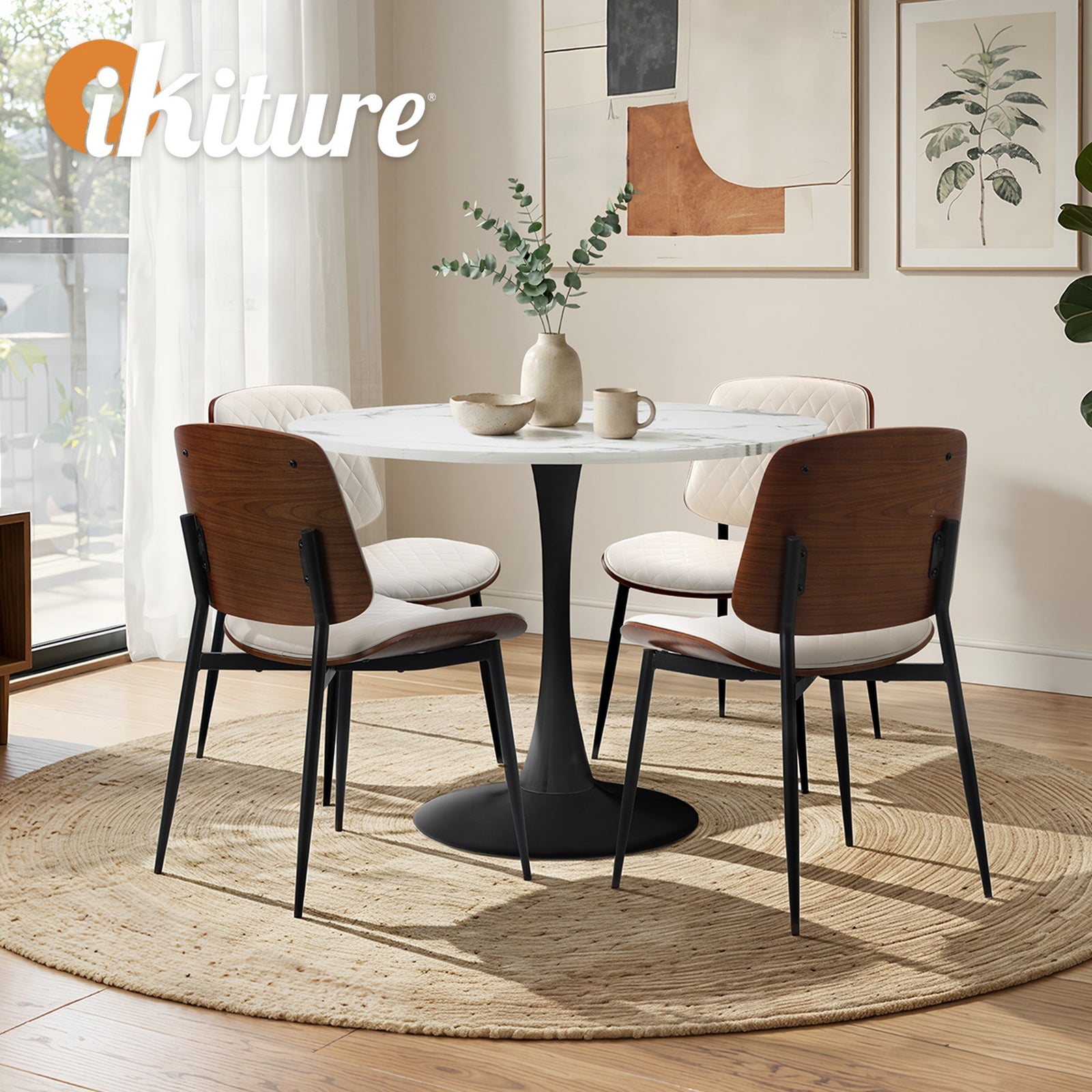 Oikiture Dining Table Set 90cm Round Dining Table and Chairs PU Leather White&Black