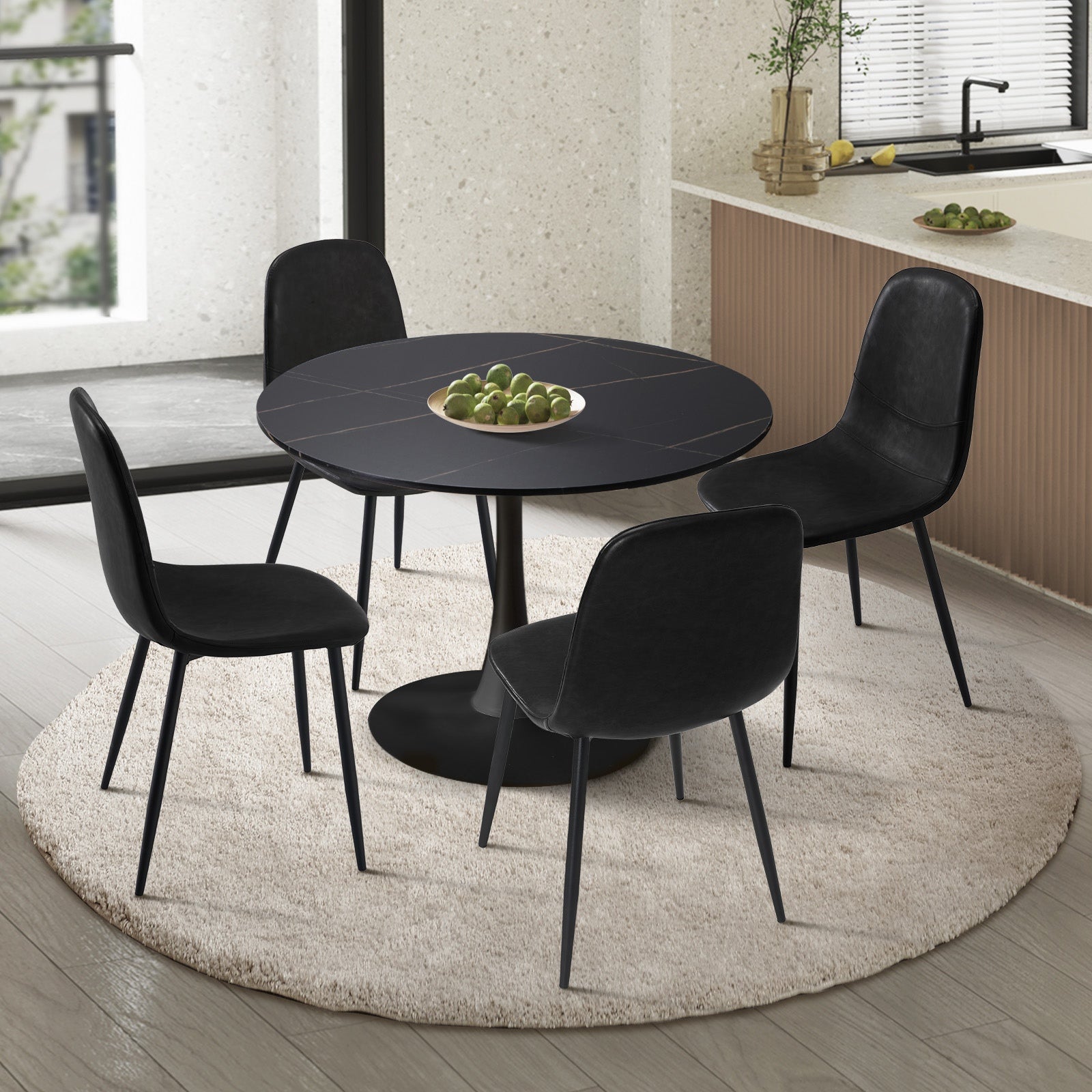 Oikiture 90cm Round Dining Table with 4x Dining Chairs PU Leather Black - Sunyee