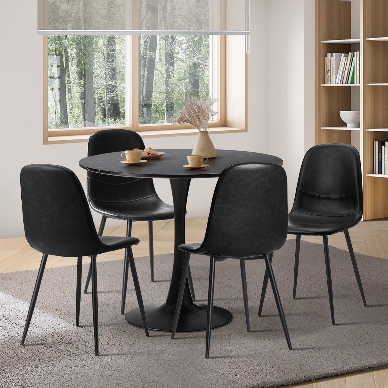Oikiture 90cm Round Dining Table with 4x Dining Chairs PU Leather Black - Sunyee