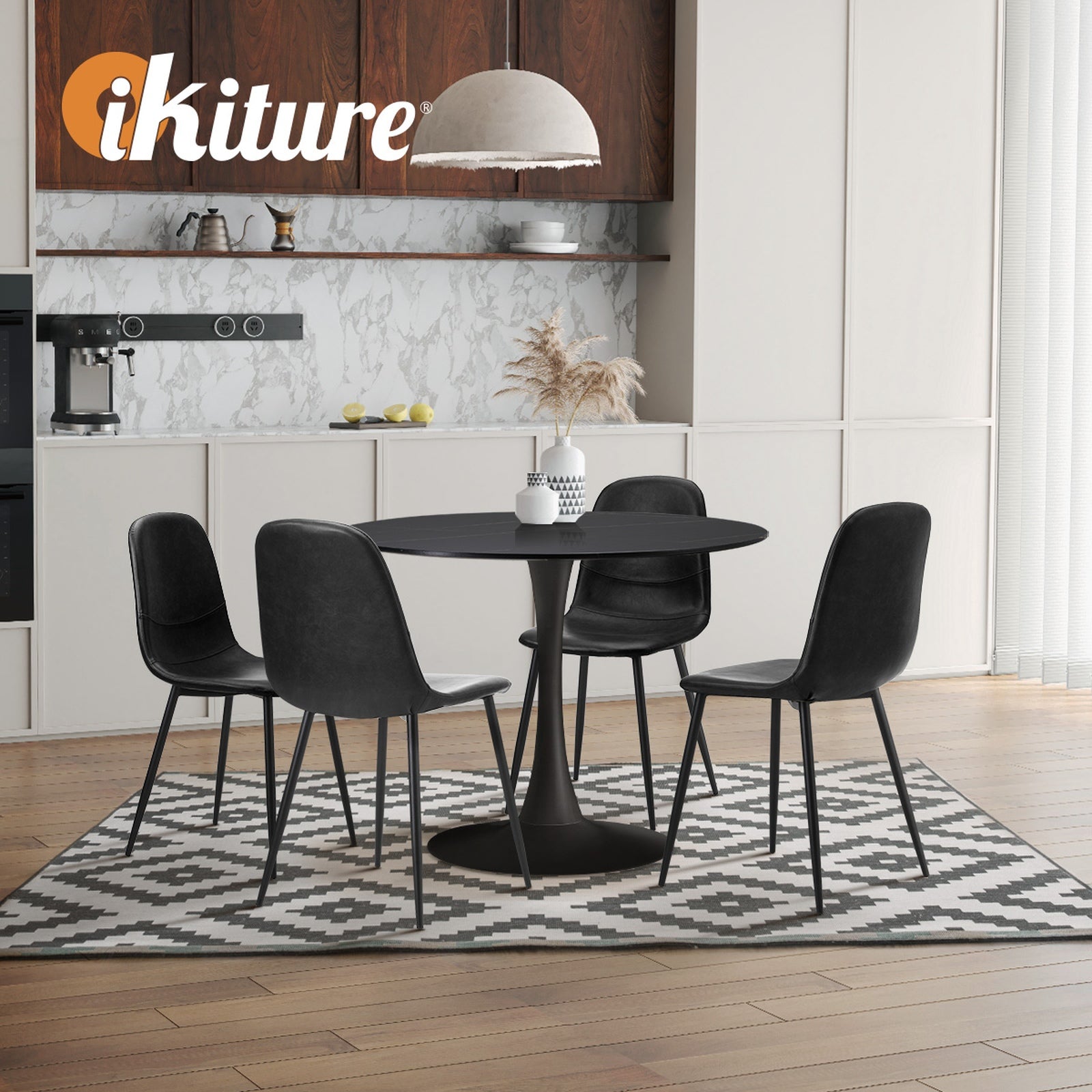 Oikiture 90cm Round Dining Table with 4x Dining Chairs PU Leather Black - Sunyee