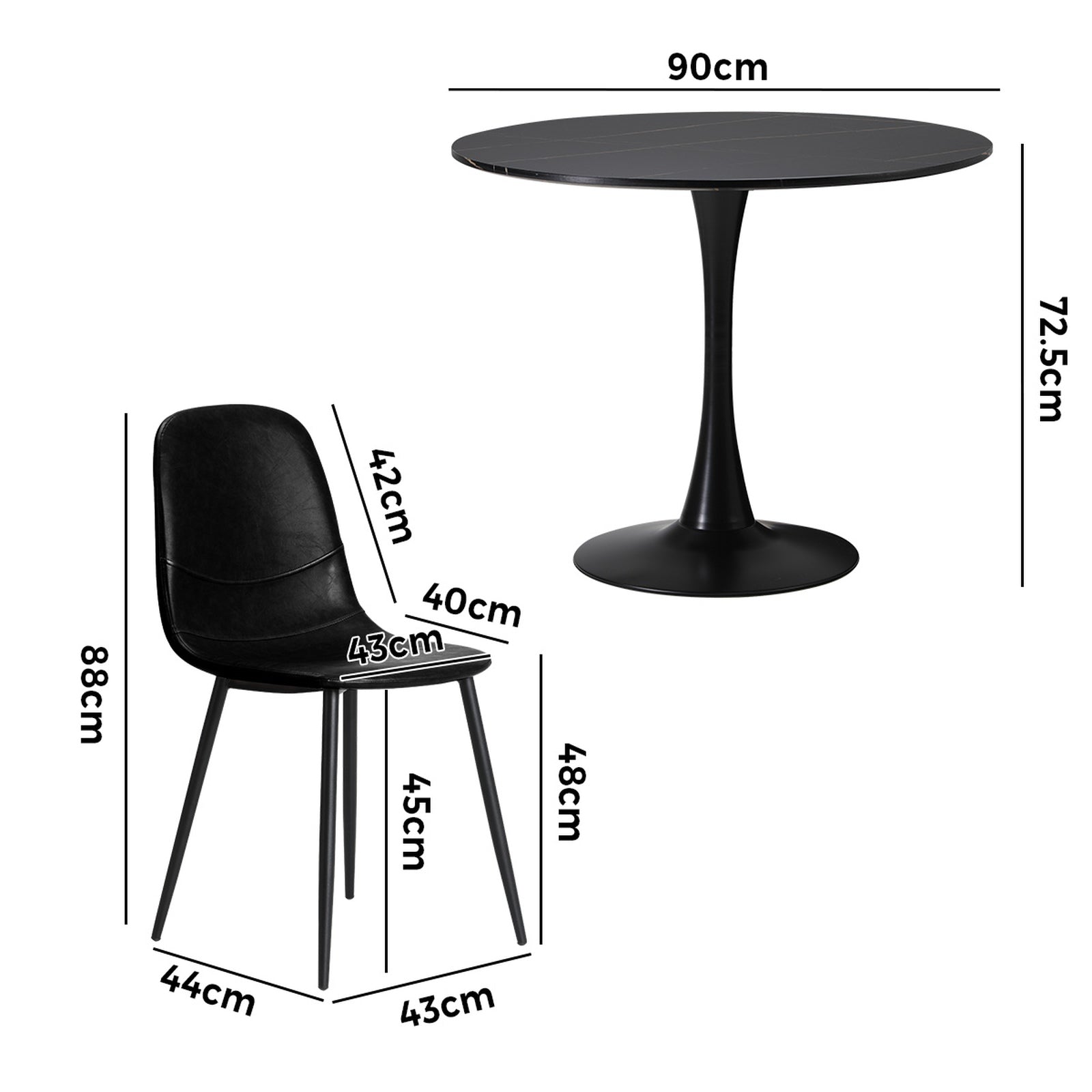 Oikiture 90cm Round Dining Table with 4x Dining Chairs PU Leather Black - Sunyee
