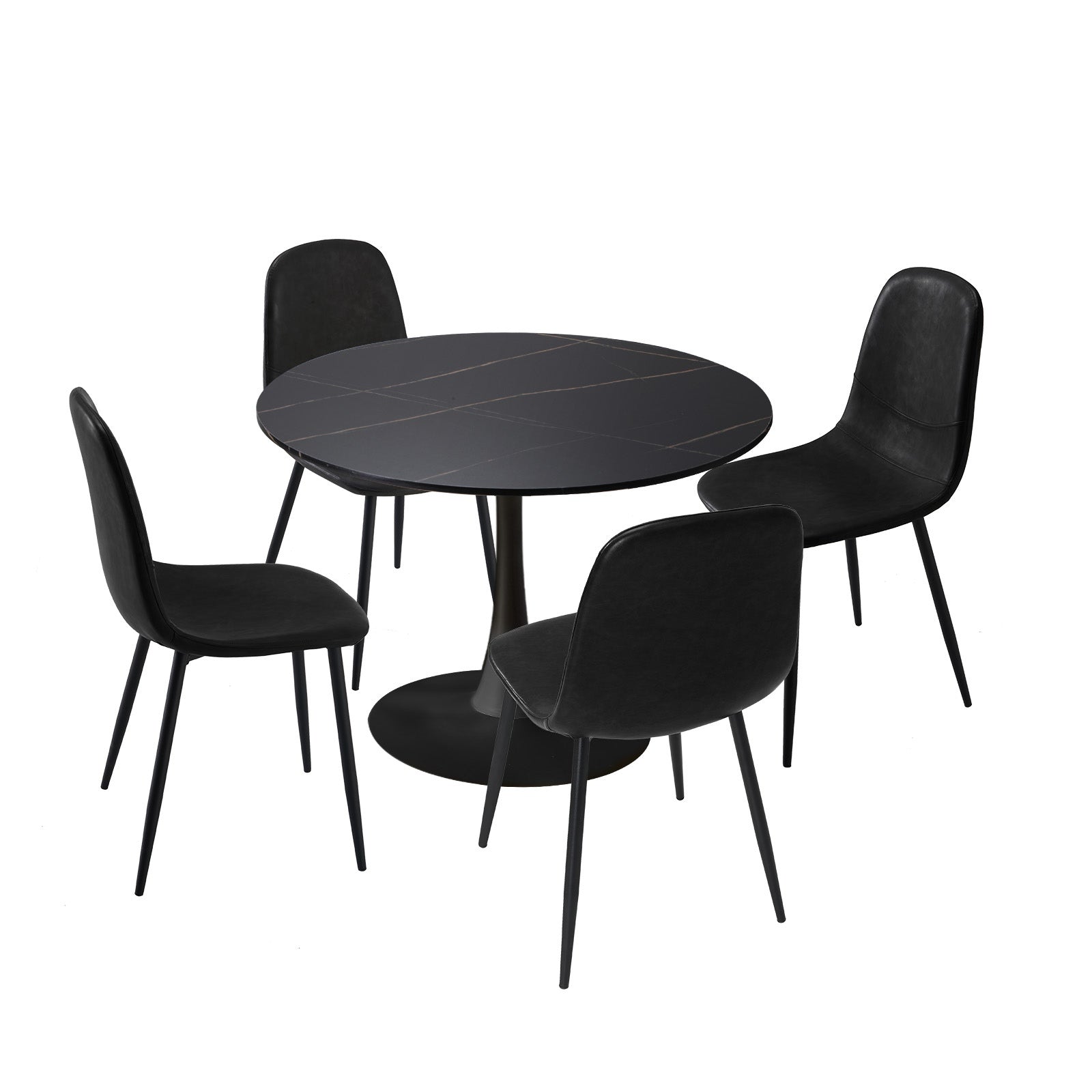 Oikiture 90cm Round Dining Table with 4x Dining Chairs PU Leather Black - Sunyee