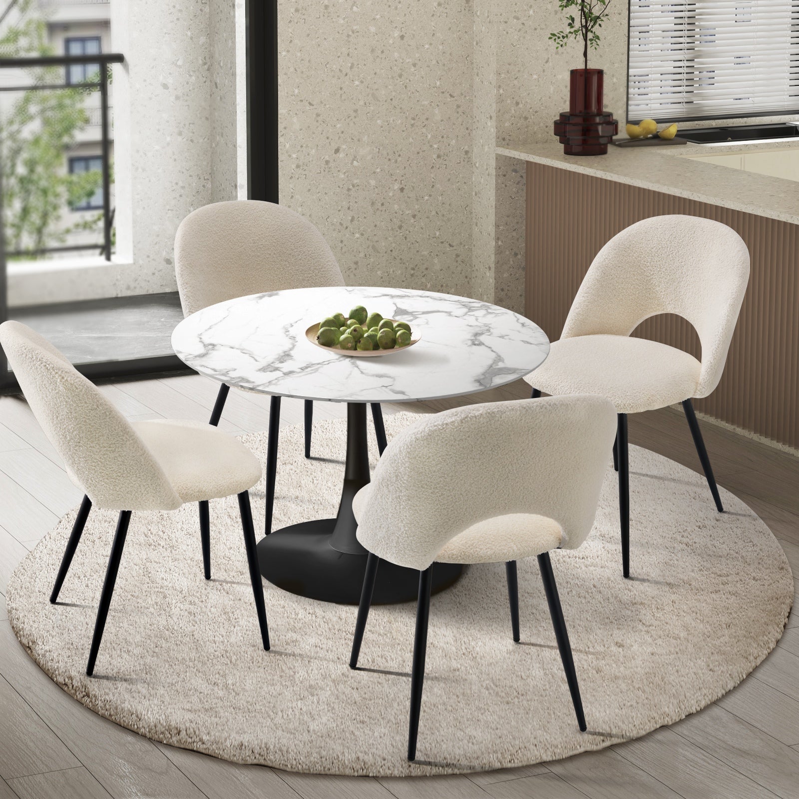 Oikiture 90cm Round Dining Table with 4PCS Dining Chairs White Sherpa - Sunyee