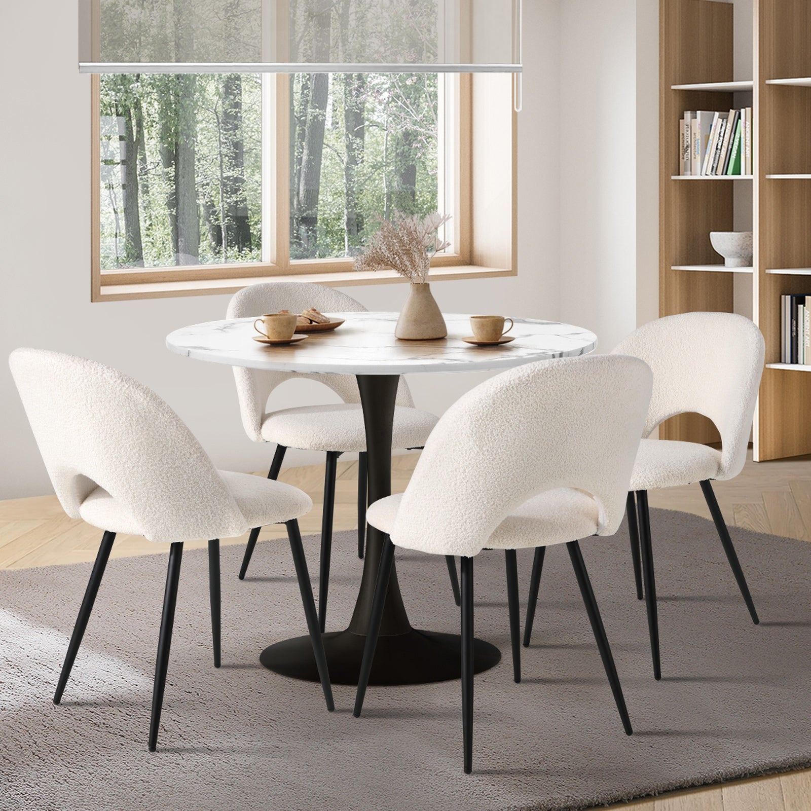 Oikiture 90cm Round Dining Table with 4PCS Dining Chairs White Sherpa - Sunyee