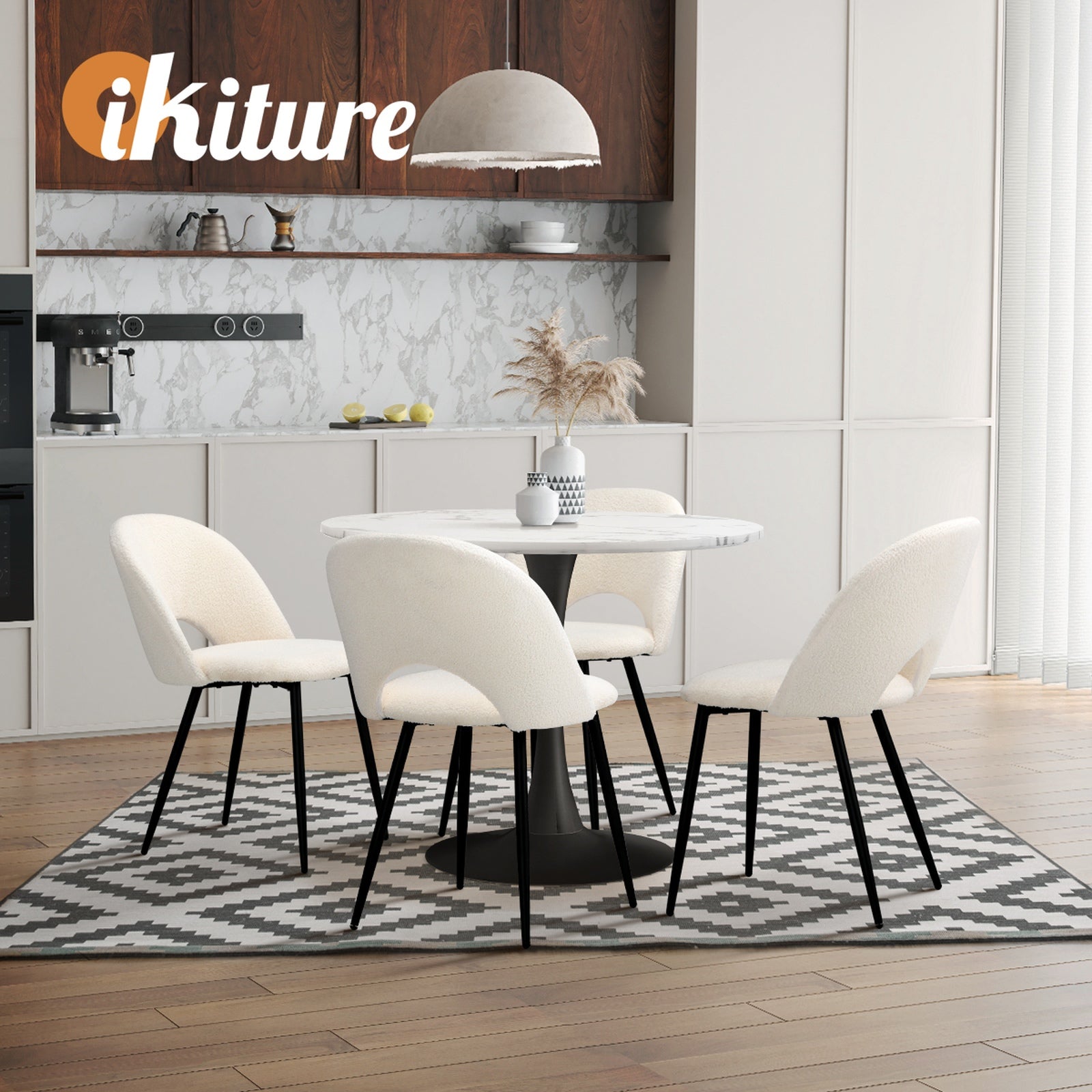Oikiture 90cm Round Dining Table with 4PCS Dining Chairs White Sherpa - Sunyee