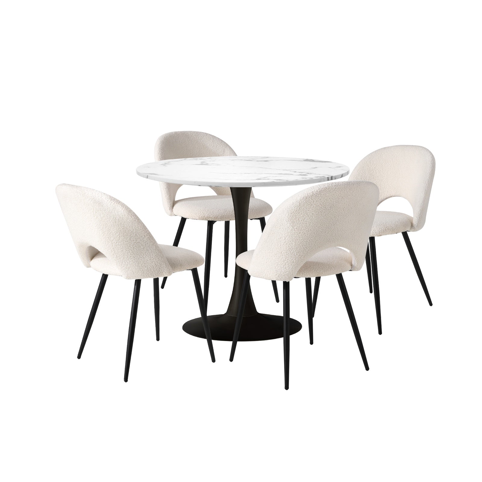 Oikiture 90cm Round Dining Table with 4PCS Dining Chairs White Sherpa - Sunyee
