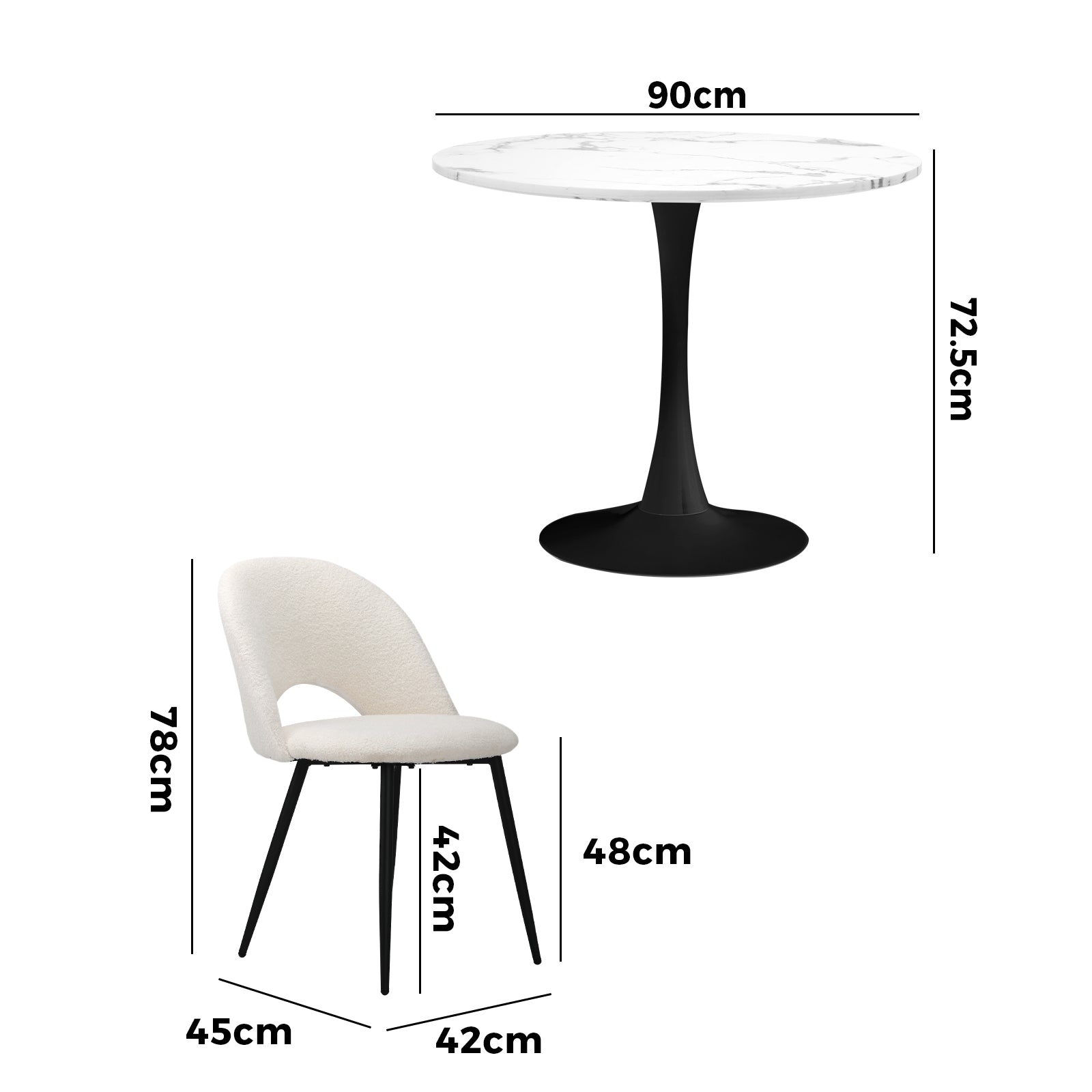 Oikiture 90cm Round Dining Table with 4PCS Dining Chairs White Sherpa - Sunyee