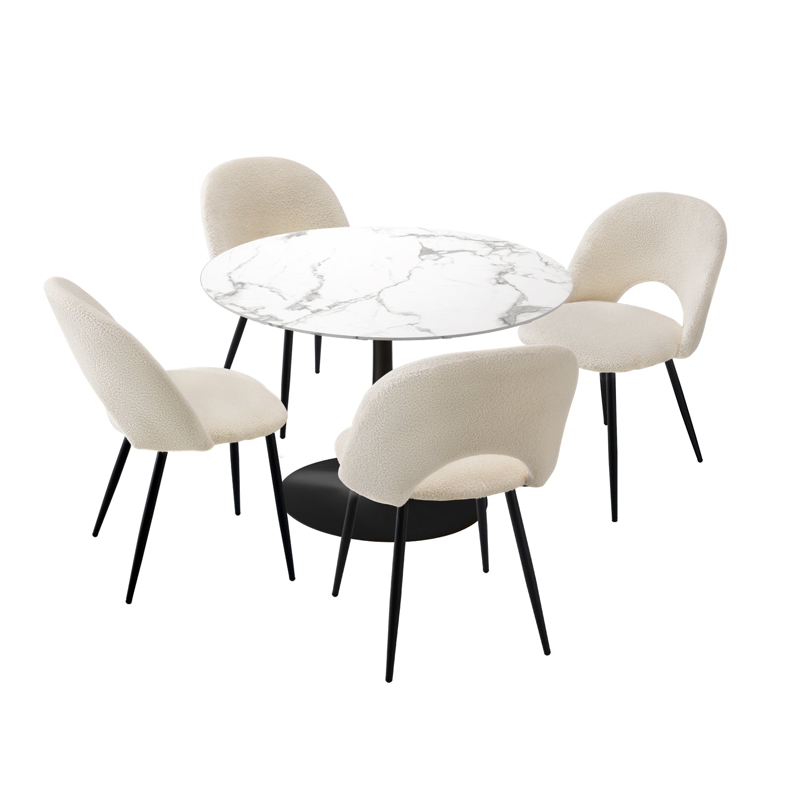 Oikiture 90cm Round Dining Table with 4PCS Dining Chairs White Sherpa - Sunyee