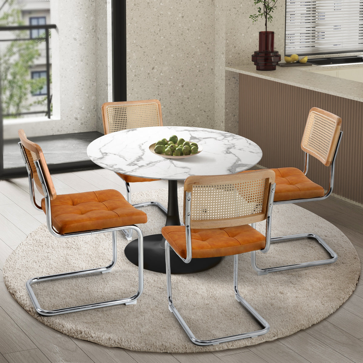 Oikiture 90cm Round Dining Table with 4PCS Dining Chairs PU Leather Brown - Sunyee