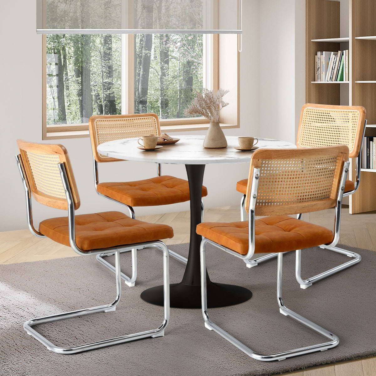 Oikiture 90cm Round Dining Table with 4PCS Dining Chairs PU Leather Brown - Sunyee