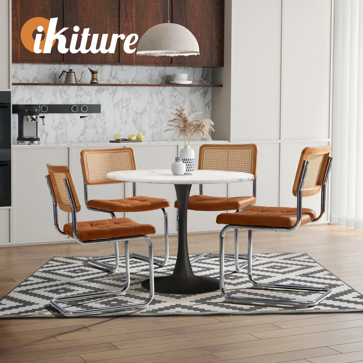 Oikiture 90cm Round Dining Table with 4PCS Dining Chairs PU Leather Brown - Sunyee