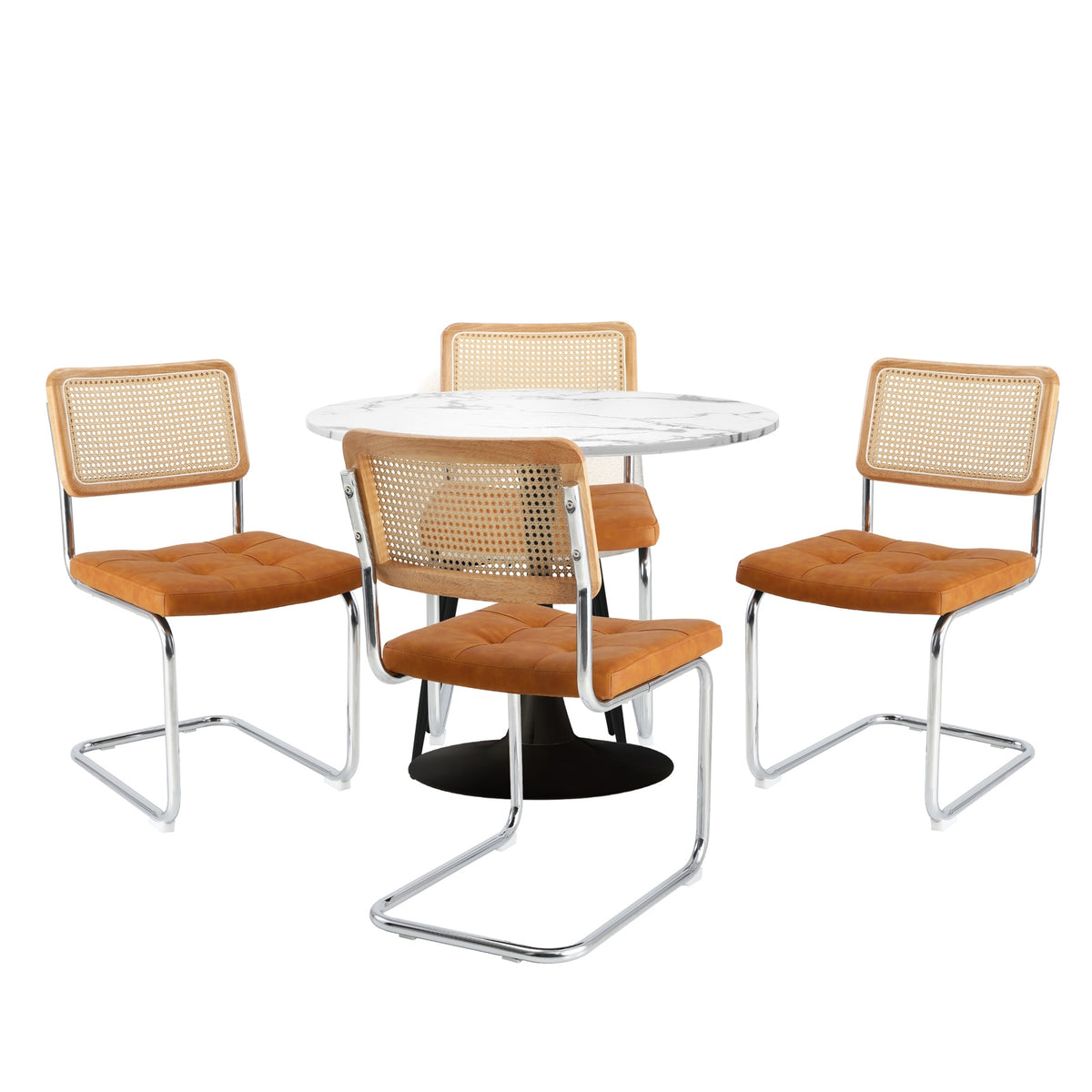 Oikiture 90cm Round Dining Table with 4PCS Dining Chairs PU Leather Brown - Sunyee