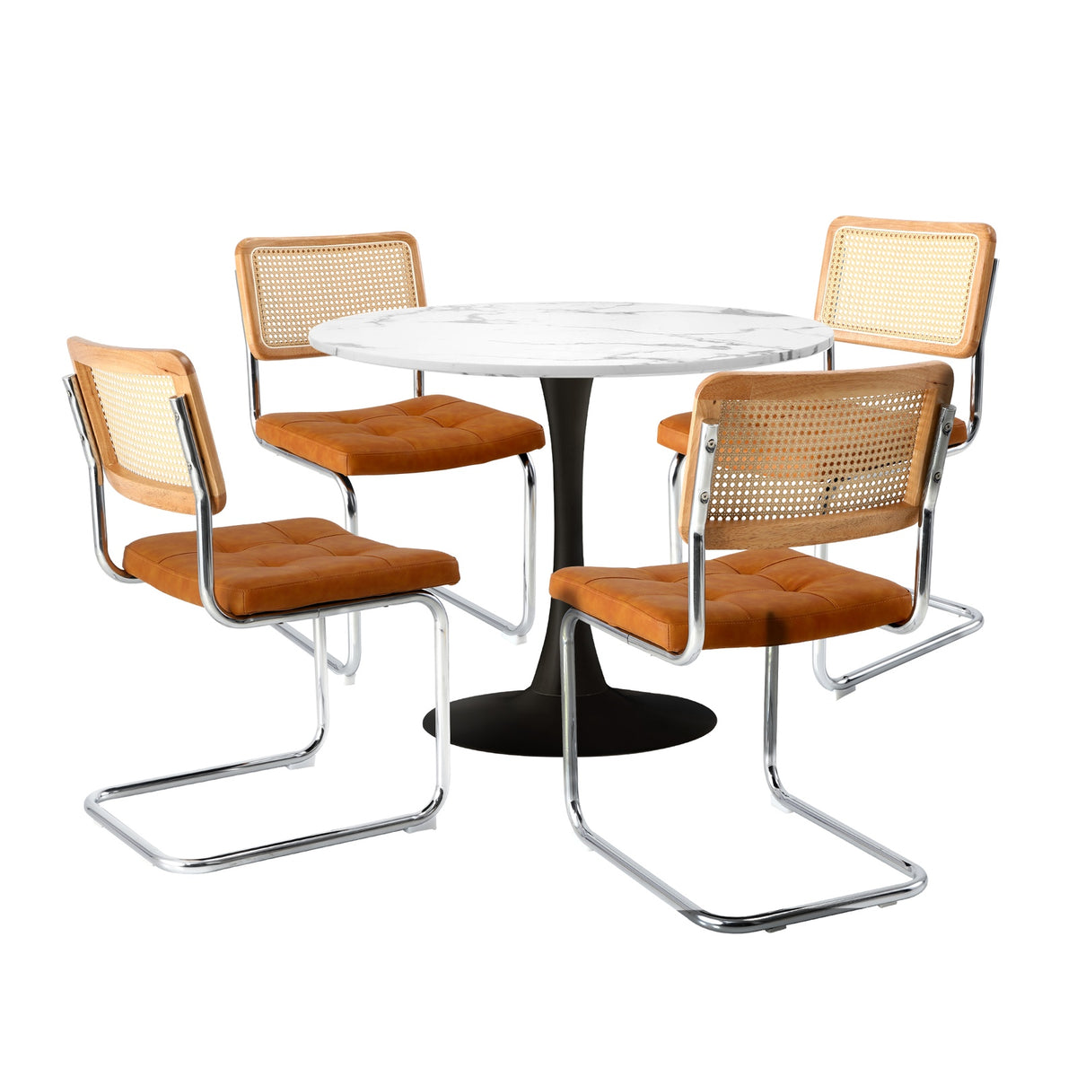Oikiture 90cm Round Dining Table with 4PCS Dining Chairs PU Leather Brown - Sunyee