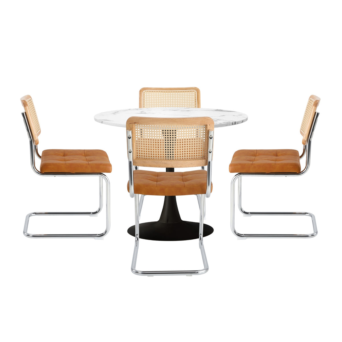 Oikiture 90cm Round Dining Table with 4PCS Dining Chairs PU Leather Brown - Sunyee