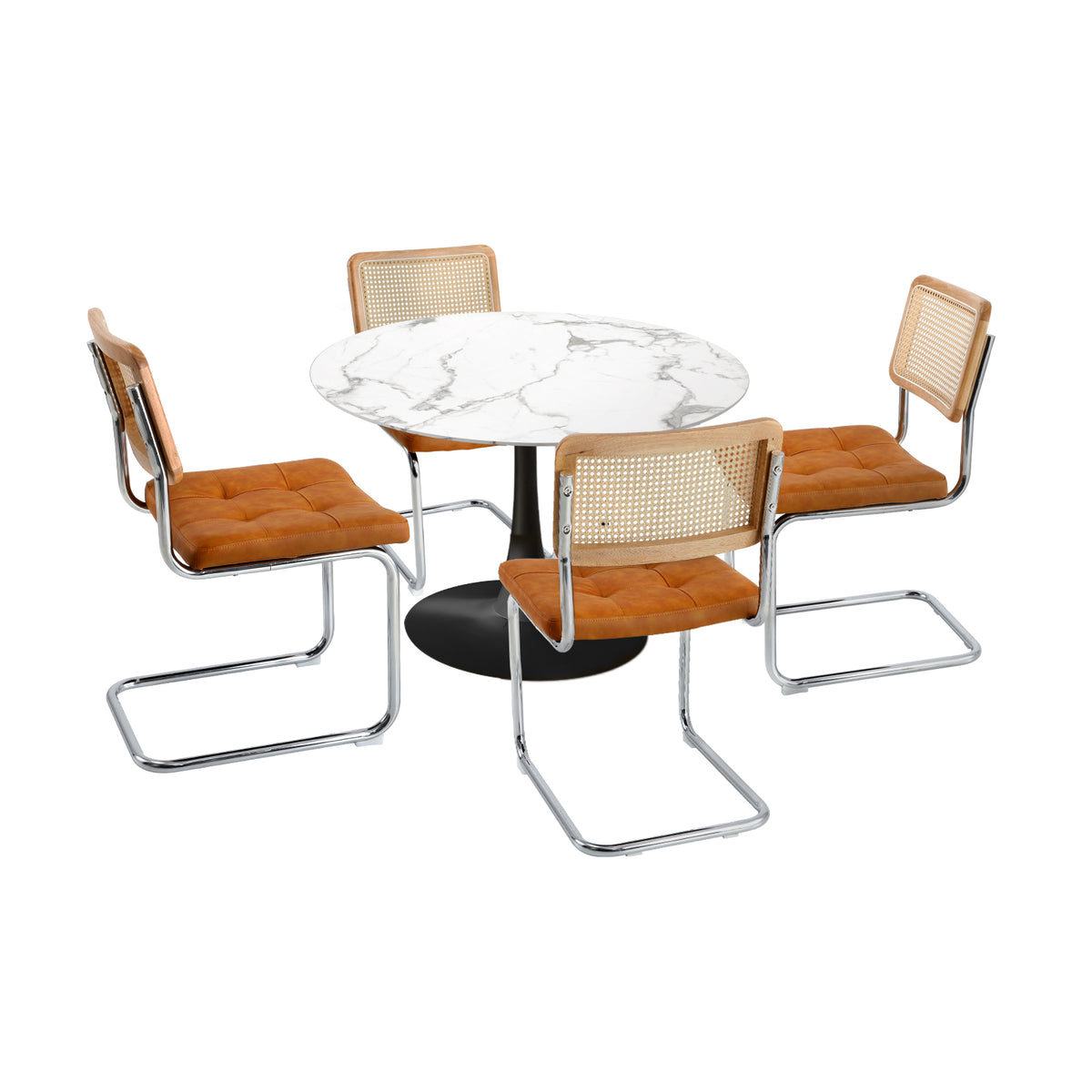 Oikiture 90cm Round Dining Table with 4PCS Dining Chairs PU Leather Brown - Sunyee