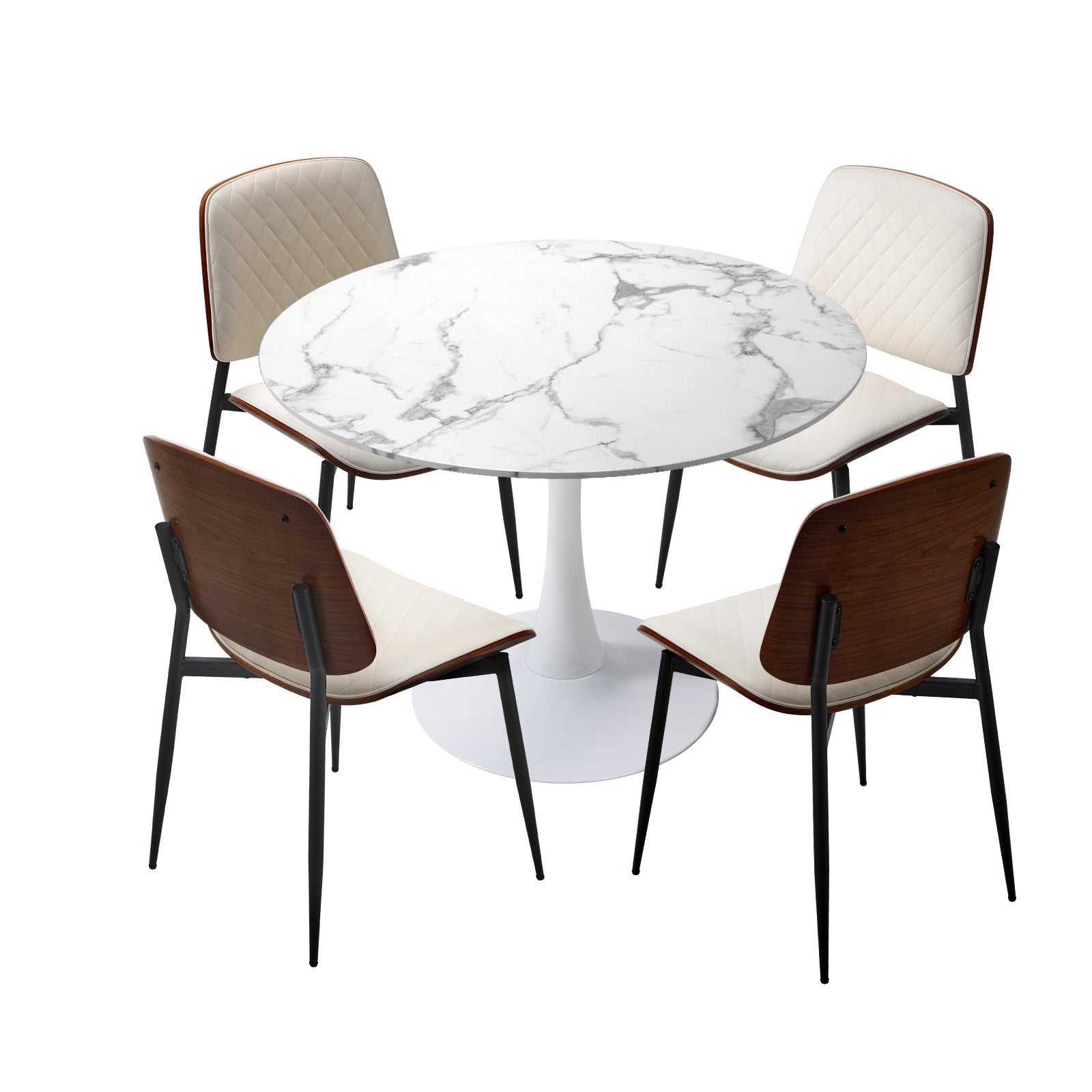 Oikiture Dining Table Set 90cm Round Dining Table and Chairs PU Leather White