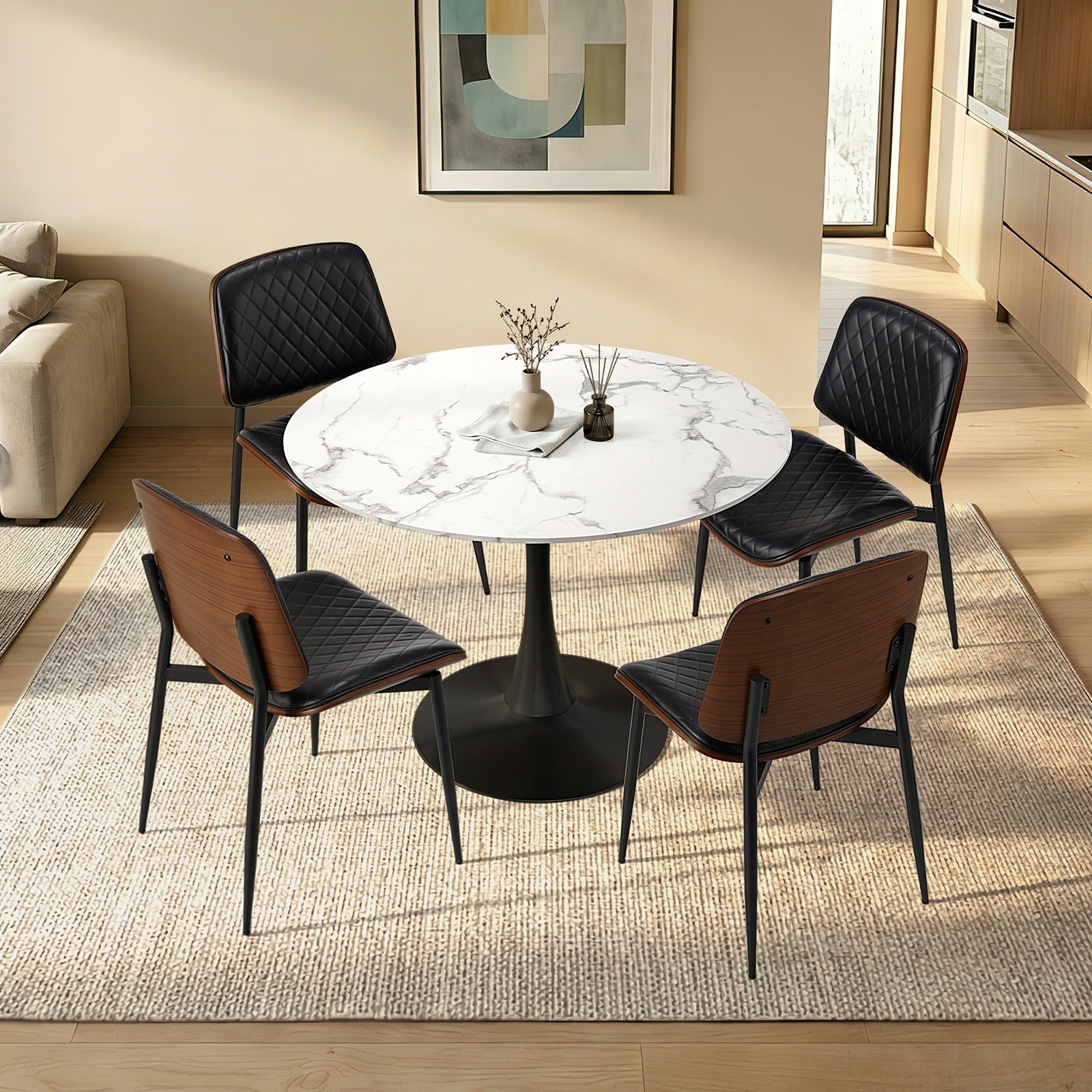 Oikiture 4 Seater Dining Table Set 90cm Round Table and Dining Chairs PU Leather - Sunyee