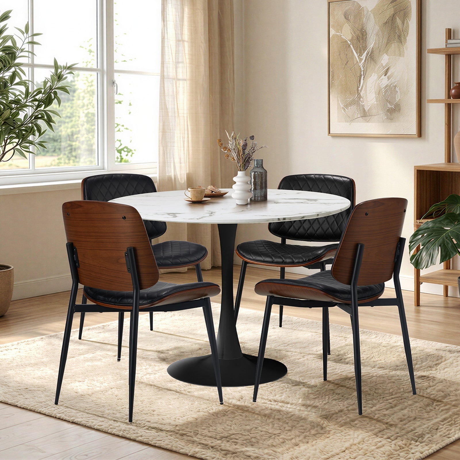 Oikiture 4 Seater Dining Table Set 90cm Round Table and Dining Chairs PU Leather - Sunyee