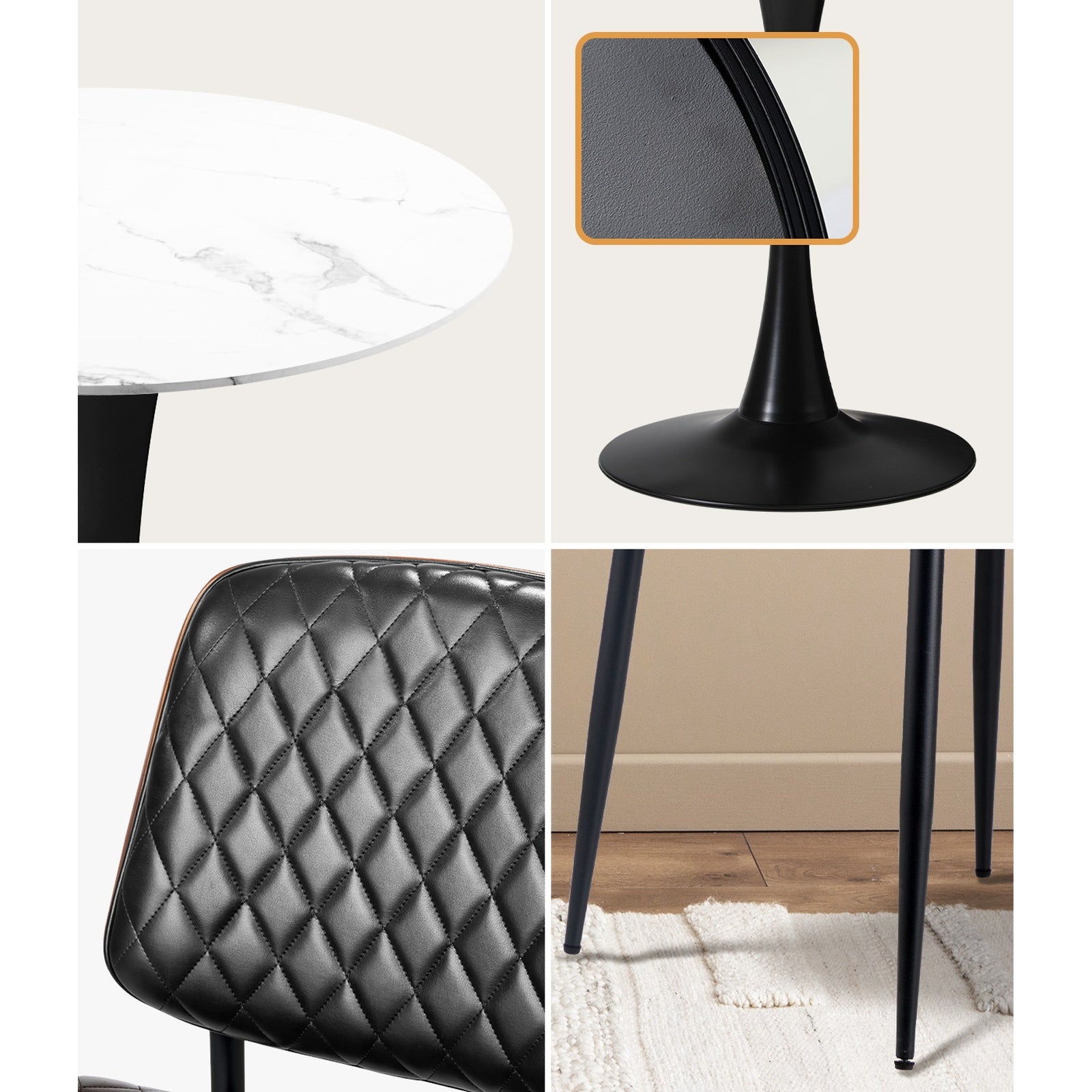 Oikiture 4 Seater Dining Table Set 90cm Round Table and Dining Chairs PU Leather - Sunyee