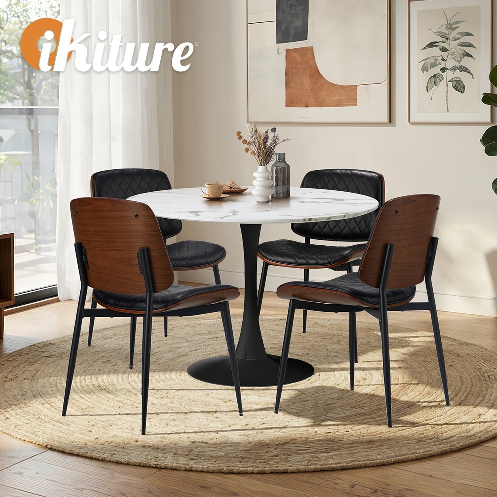 Oikiture 4 Seater Dining Table Set 90cm Round Table and Dining Chairs PU Leather - Sunyee