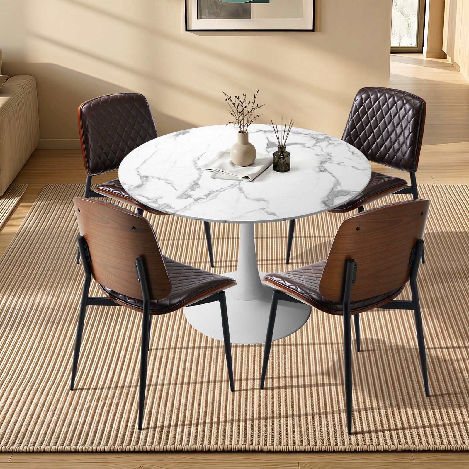 Oikiture Dining Table Set 90cm Round Dining Table and Chairs Brown&White