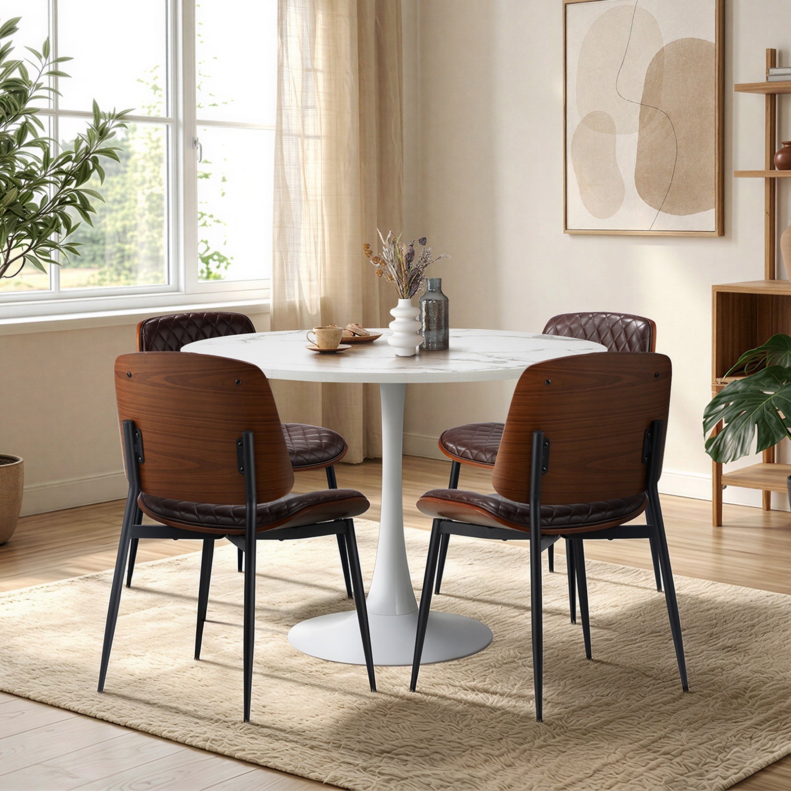 Oikiture Dining Table Set 90cm Round Dining Table and Chairs Brown&White