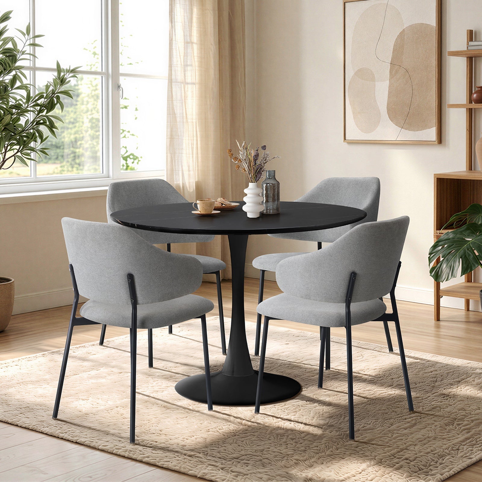 Oikiture 5PCS Dining Table Set Round Table Sherpa Dining Chairs Grey