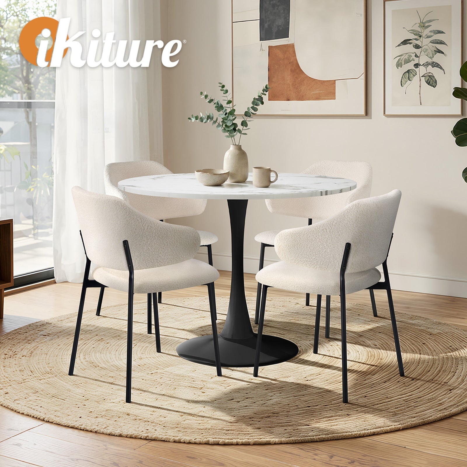 Oikiture 5PCS Dining Table Set Round Table Sherpa Dining Chairs White&Black
