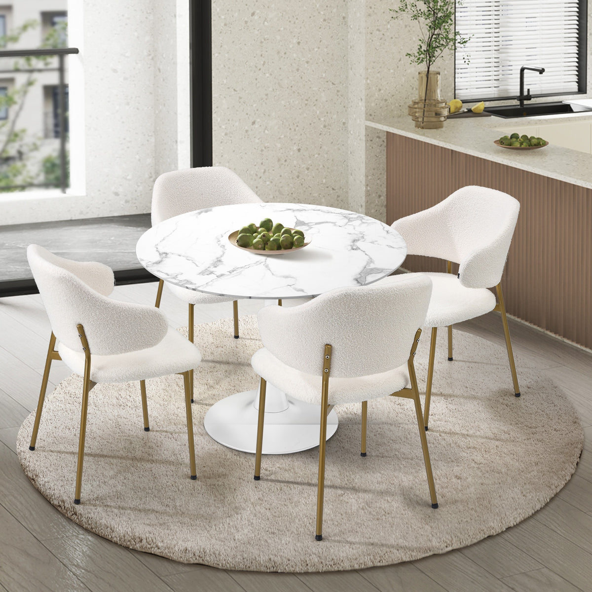 Oikiture 90cm Round Dining Table with 4x Dining Chairs Sherpa Gold&White - Sunyee