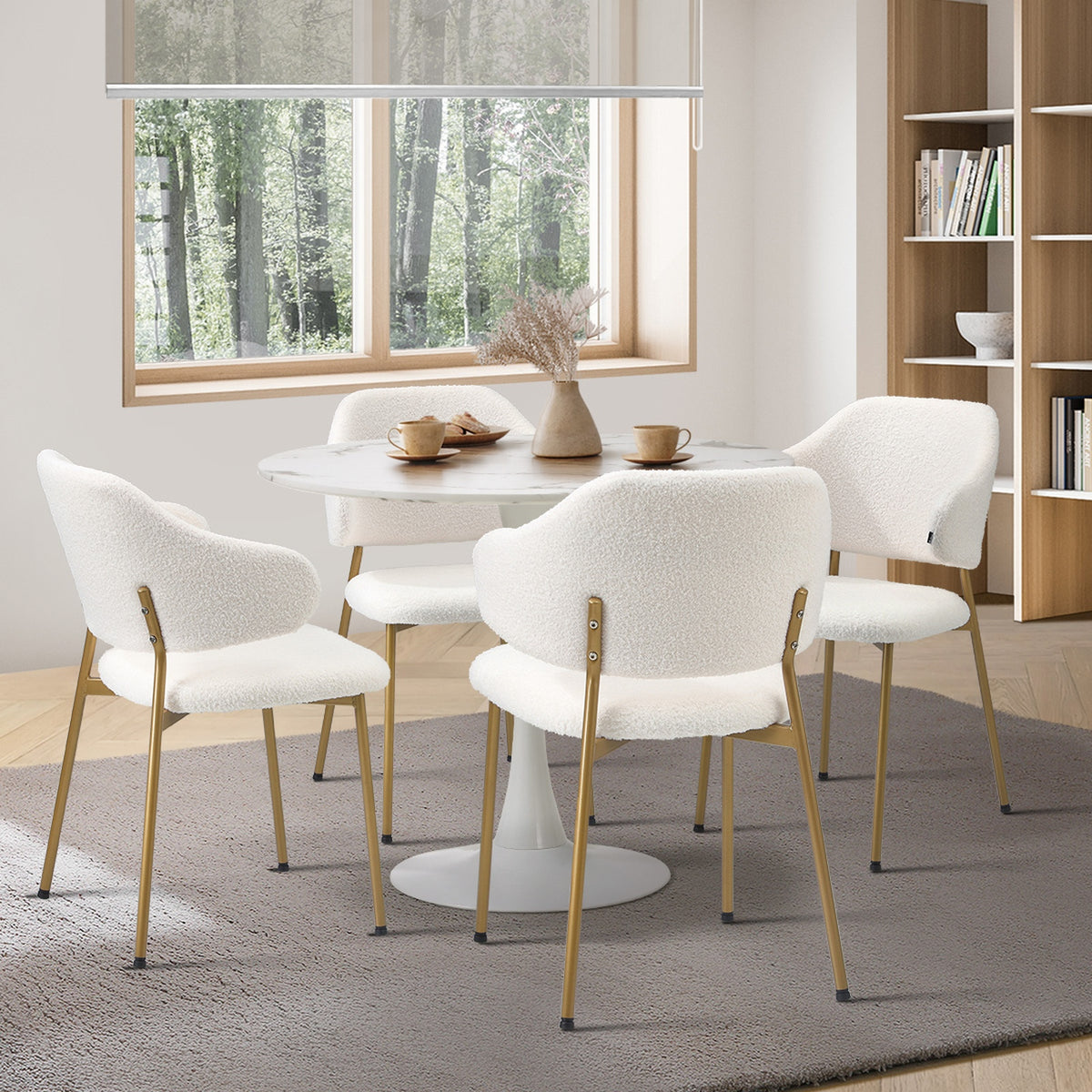 Oikiture 90cm Round Dining Table with 4x Dining Chairs Sherpa Gold&White - Sunyee