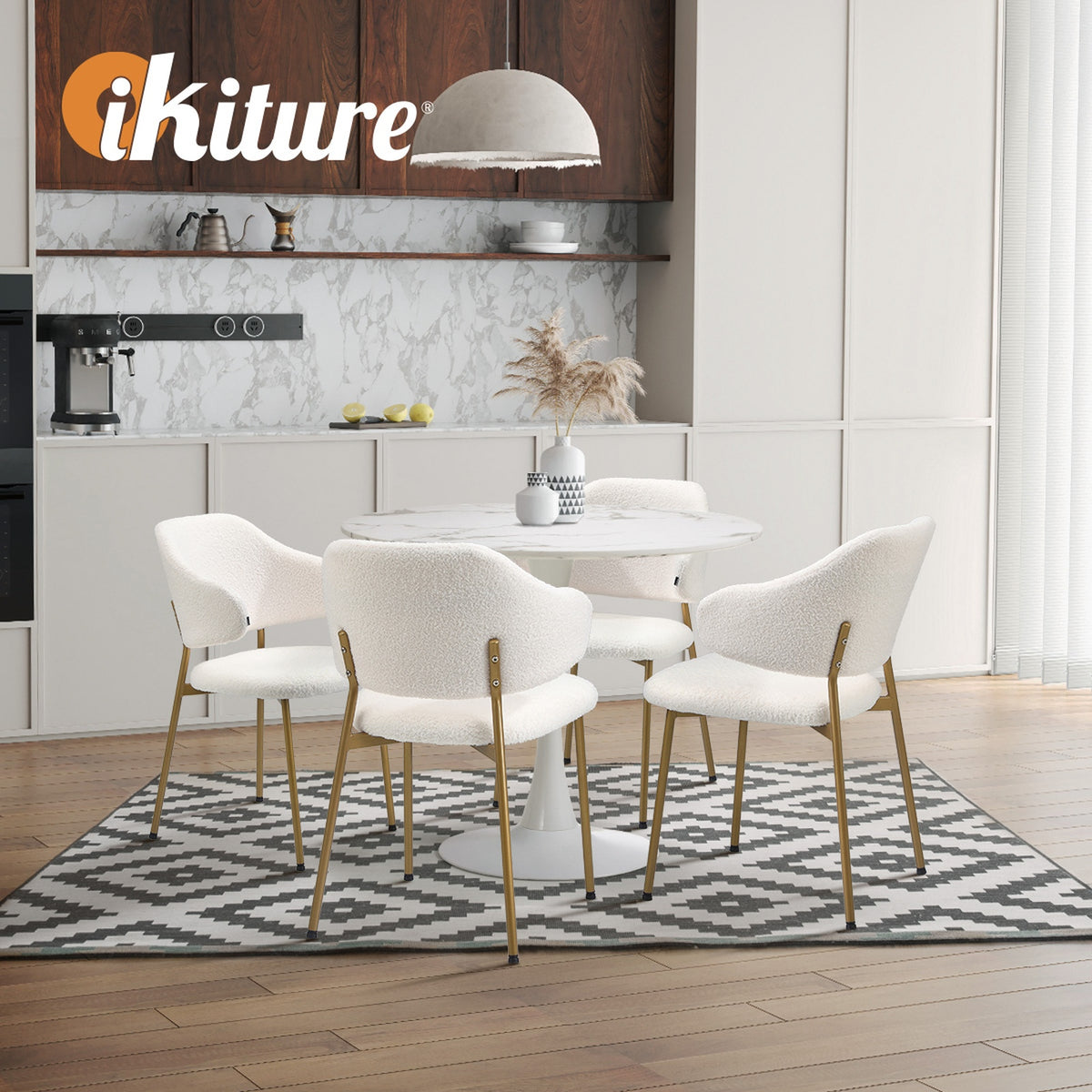 Oikiture 90cm Round Dining Table with 4x Dining Chairs Sherpa Gold&White - Sunyee