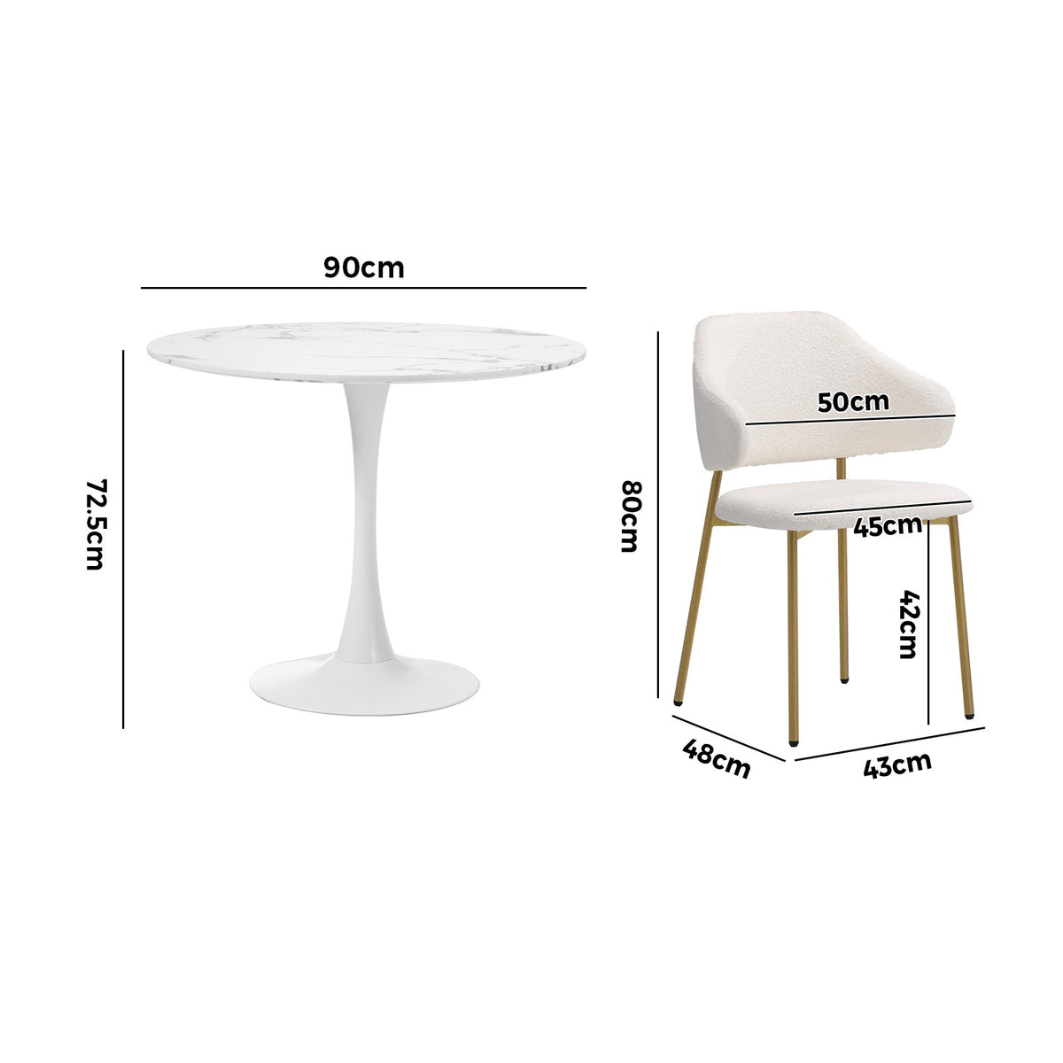 Oikiture 90cm Round Dining Table with 4x Dining Chairs Sherpa Gold&White - Sunyee