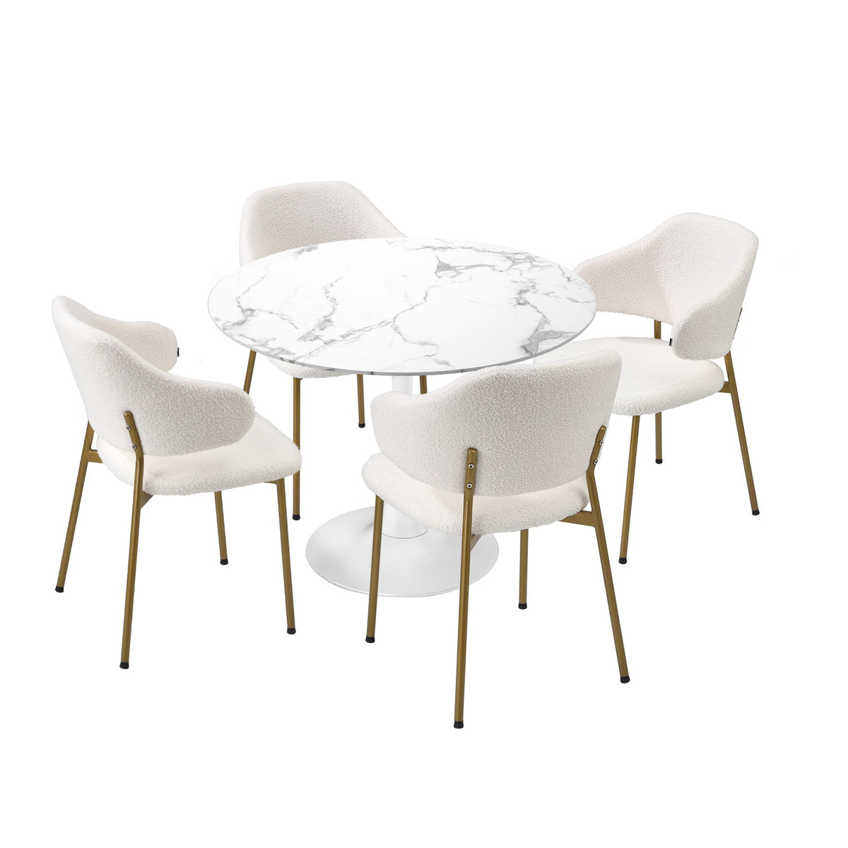 Oikiture 90cm Round Dining Table with 4x Dining Chairs Sherpa Gold&White - Sunyee