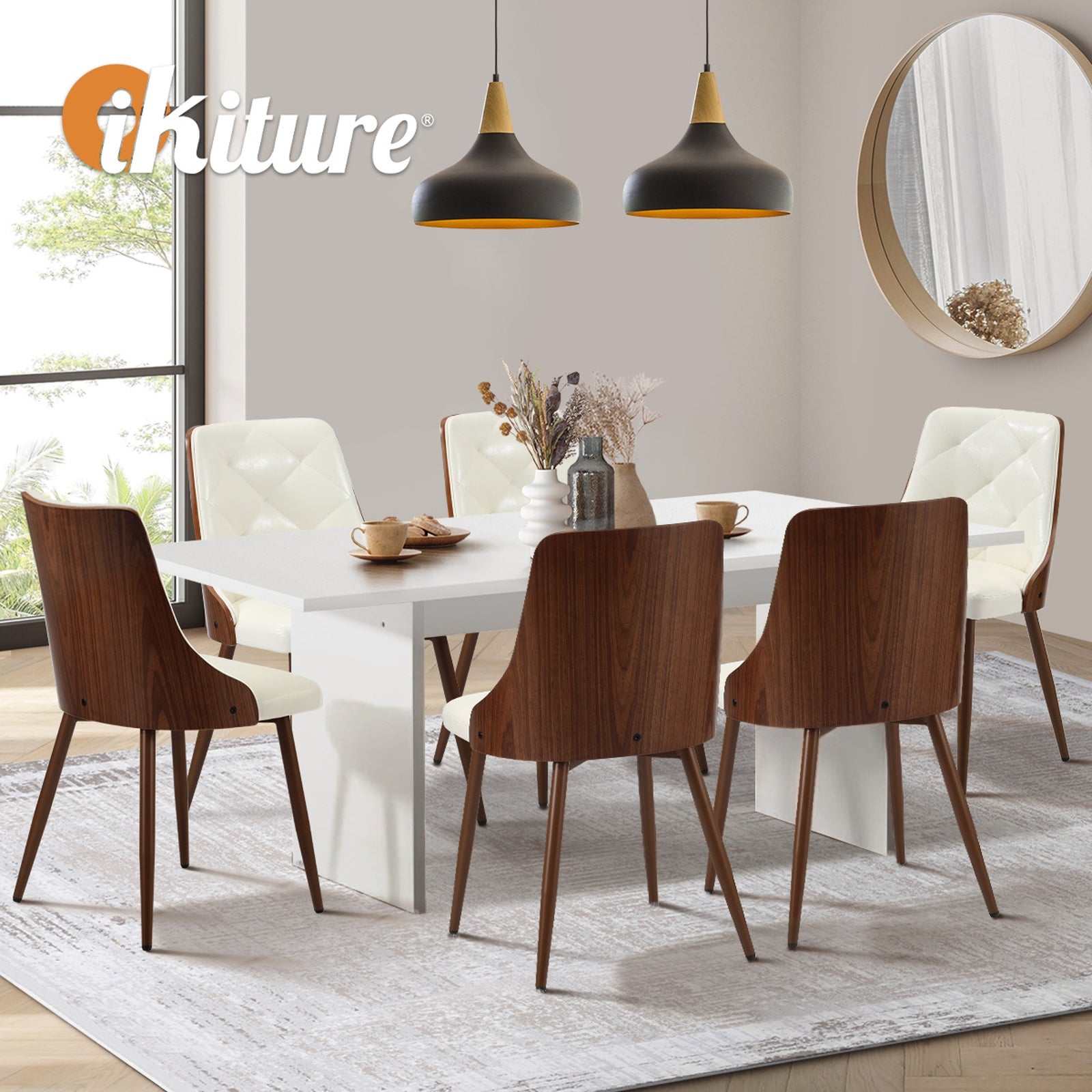 Oikiture 6-Seater Rectangular Dining Table and Chairs Wooden Kitchen Dining Set - Sunyee