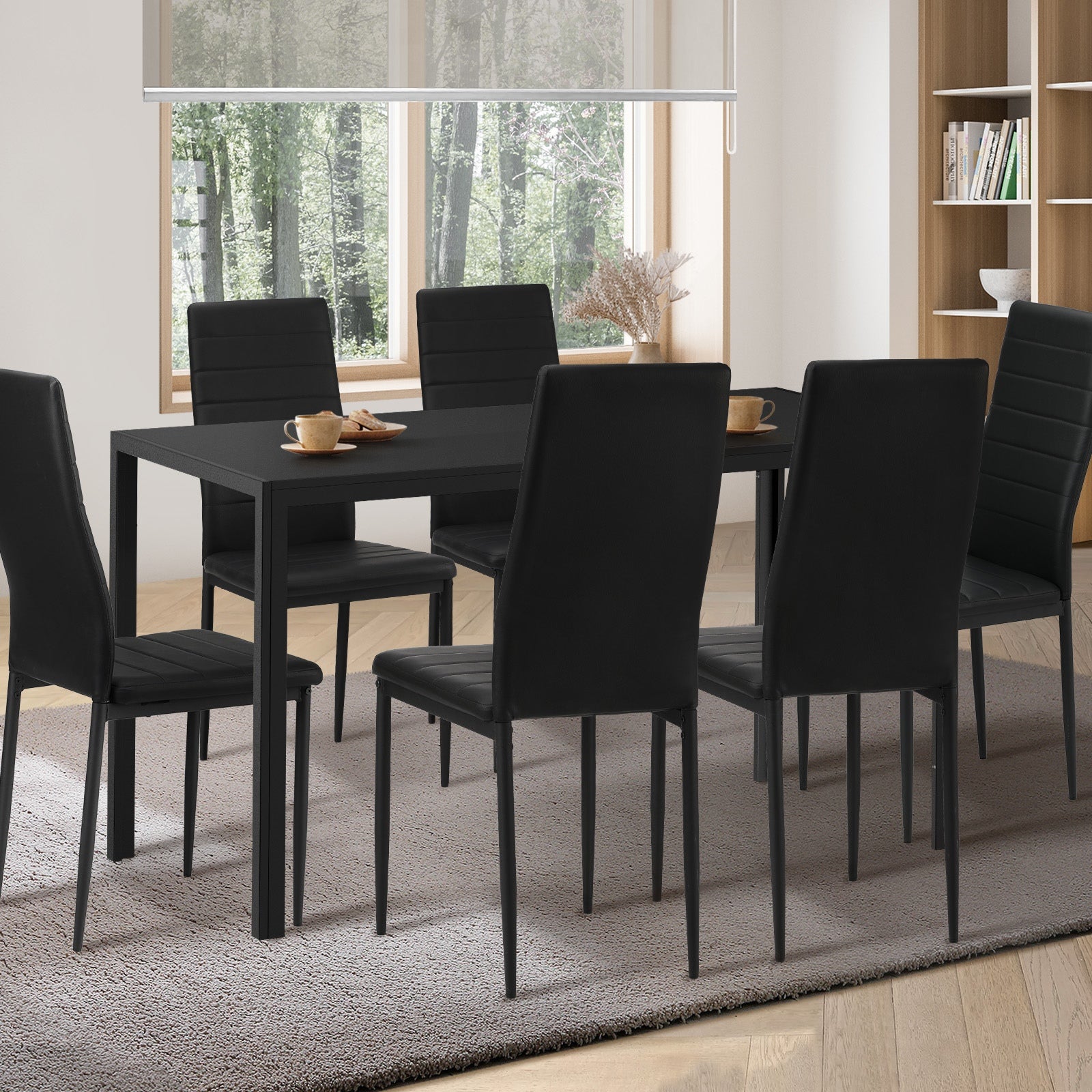 Oikiture 140cm Rectangle Dining Table with 6PCS Dining Chairs Wooden Black - Sunyee