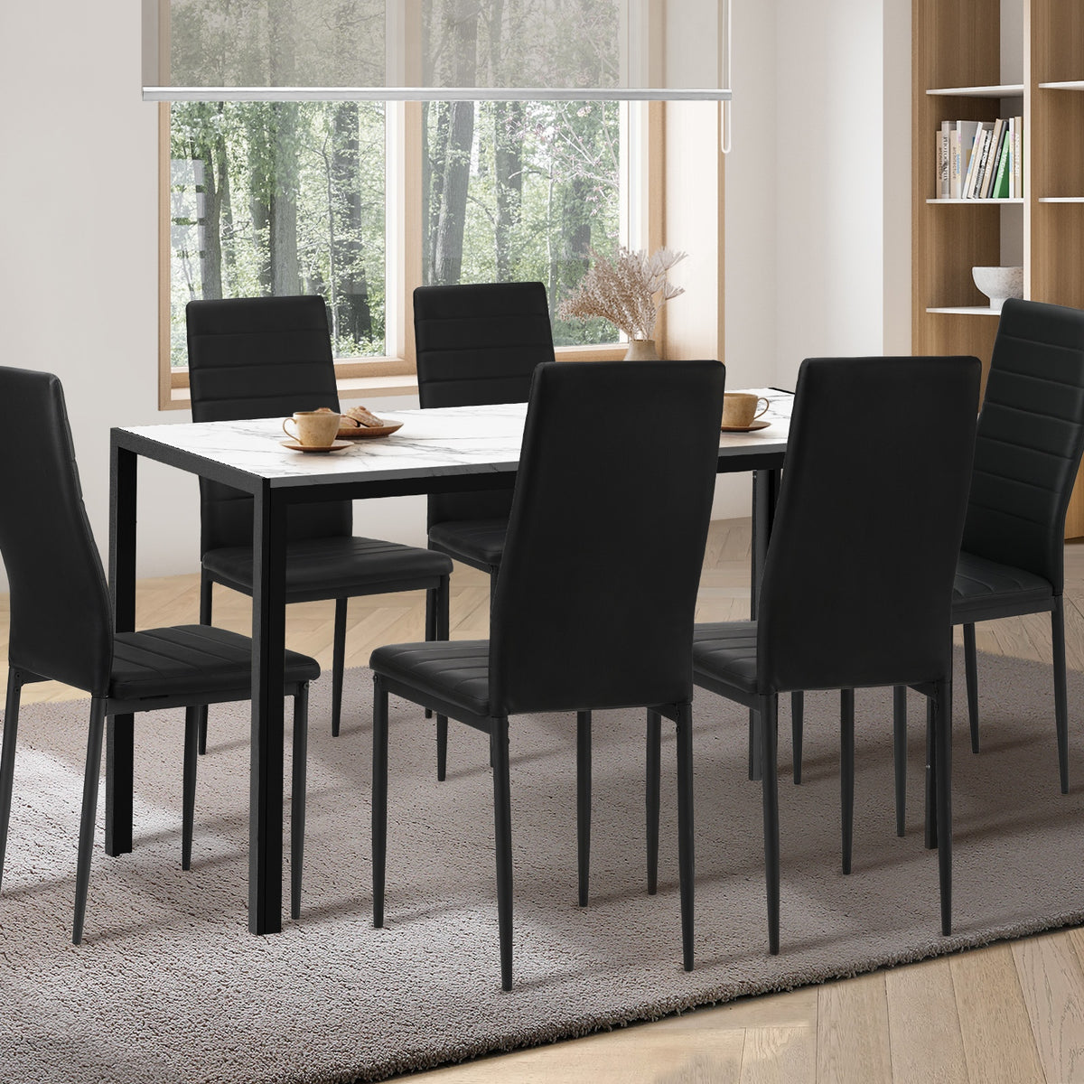 Oikiture 140cm Rectangle Dining Table with 6PCS Dining Chairs Marble White&Black - Sunyee