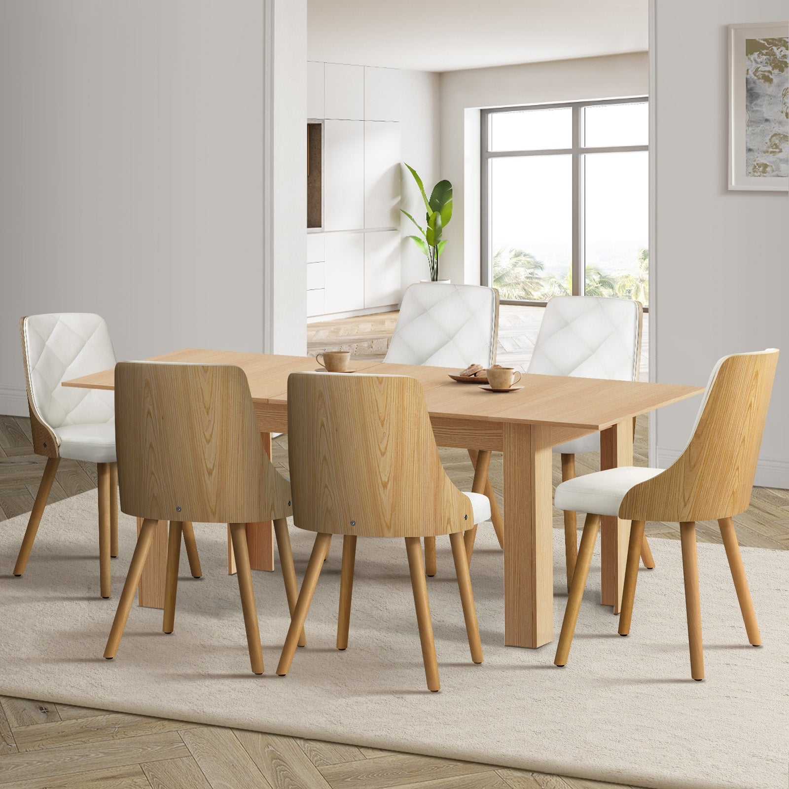 Oikiture 200cm Extendable Dining Table with 6PCS Dining Chairs PU Leather White - Sunyee
