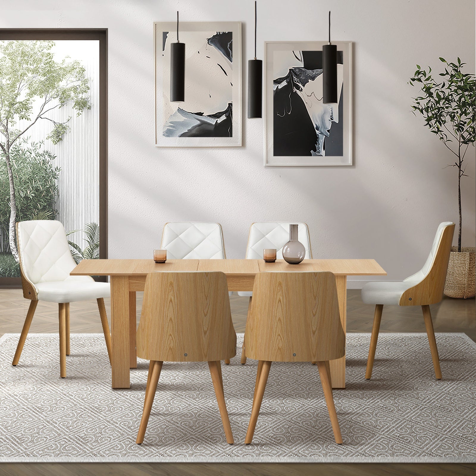 Oikiture 200cm Extendable Dining Table with 6PCS Dining Chairs PU Leather White - Sunyee